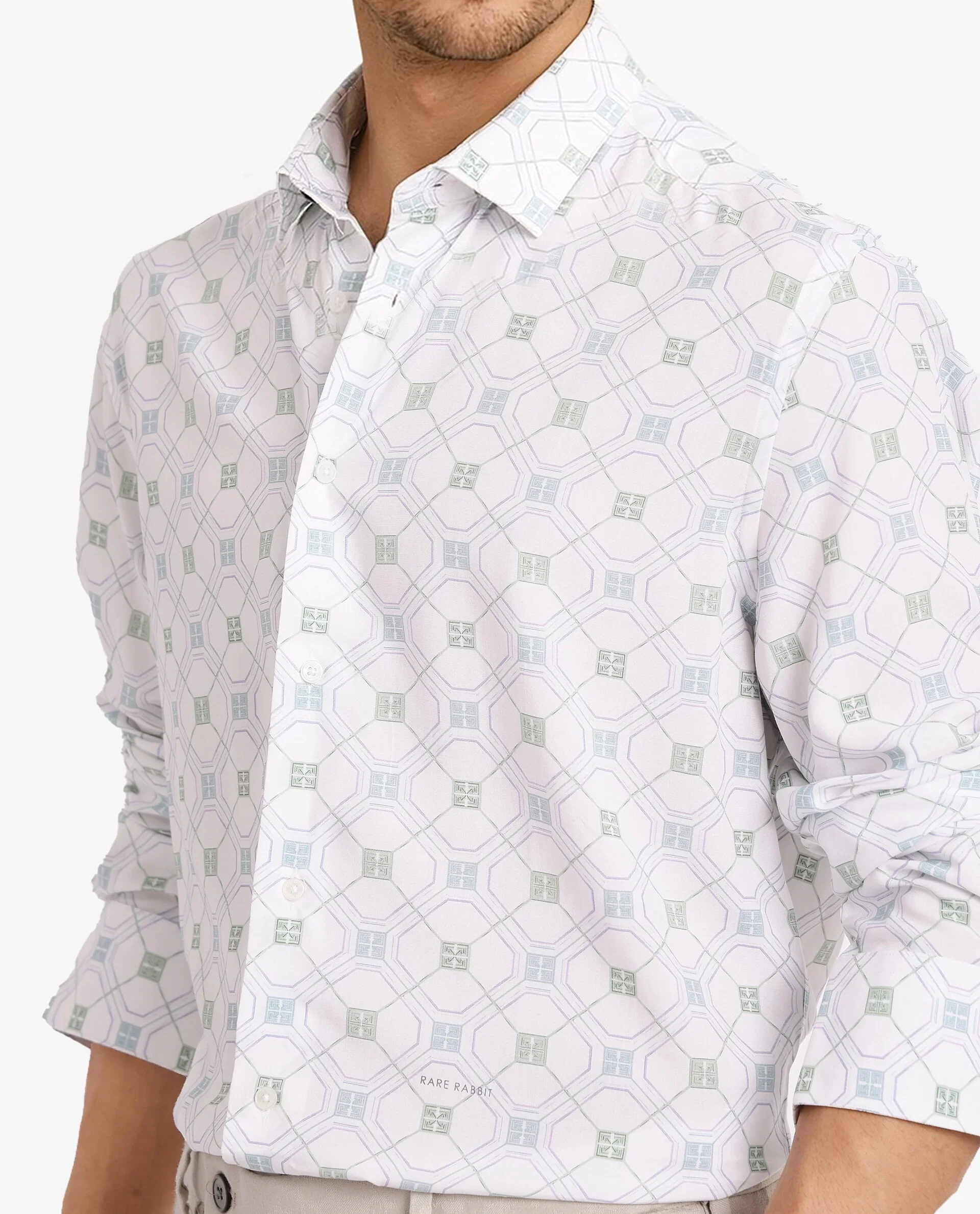Rare Rabbit Men's Paide White Viscose Geometric Print Regular Fit Full Sleeve Collared Shirt - Image 7
