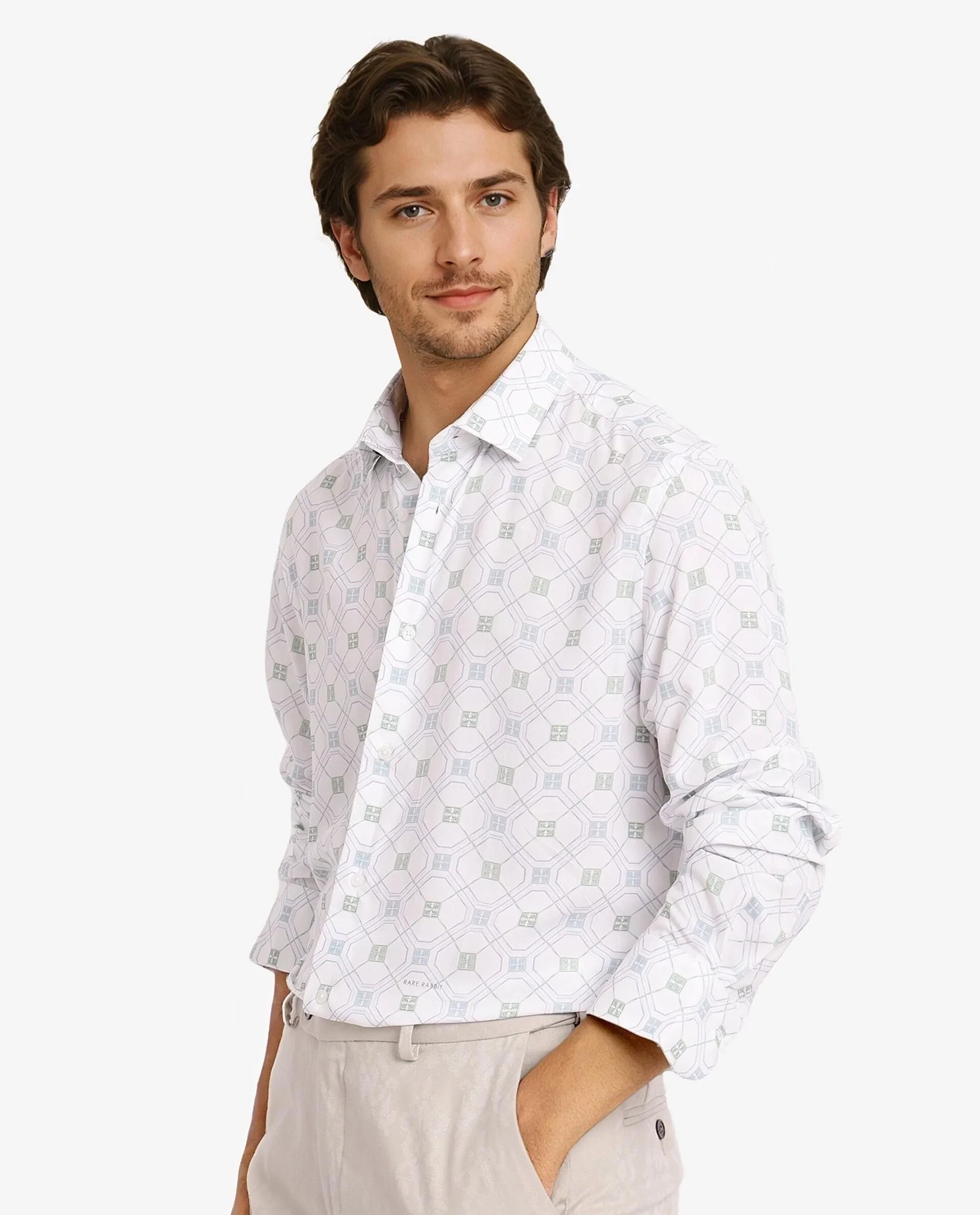 Rare Rabbit Men's Paide White Viscose Geometric Print Regular Fit Full Sleeve Collared Shirt - Image 8
