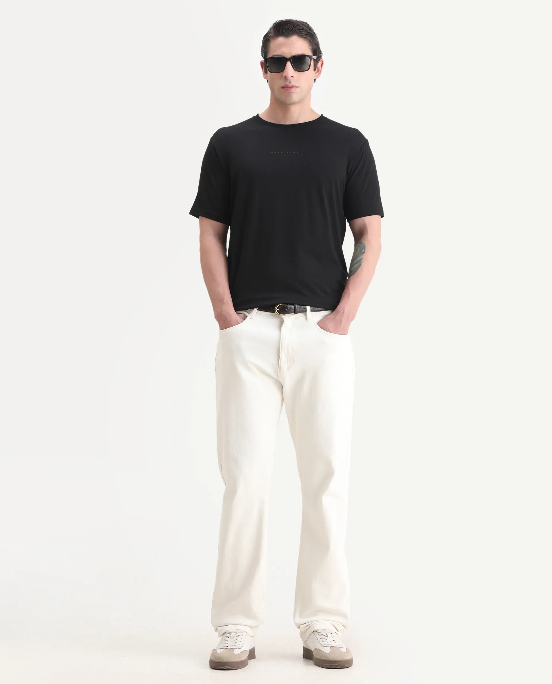 Rare Rabbit Men's Paig Black Cotton Blend Plain Relaxed Fit Half Sleeve Crew Neck T-Shirt - Image 2