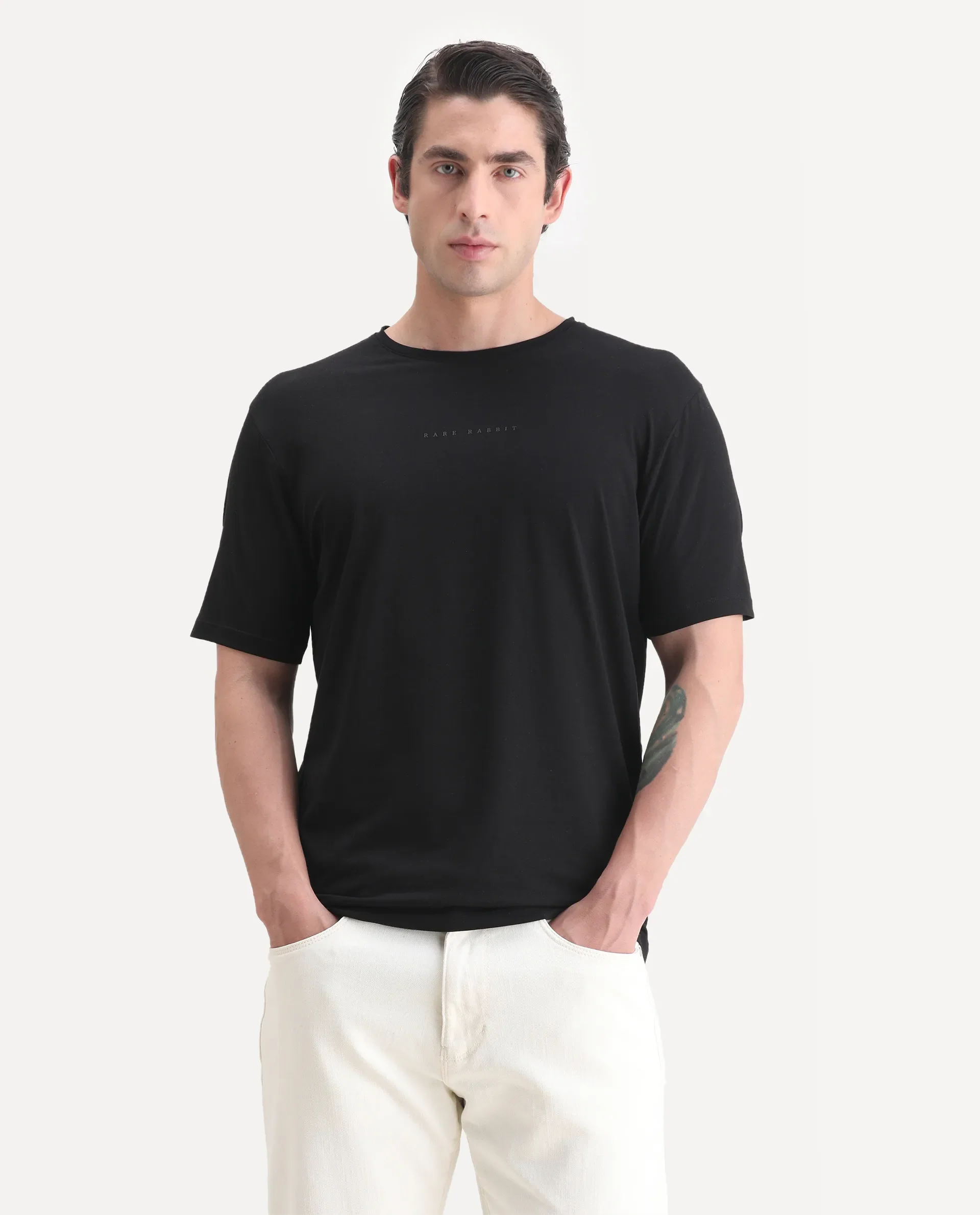 Rare Rabbit Men's Paig Black Cotton Blend Plain Relaxed Fit Half Sleeve Crew Neck T-Shirt - Image 4