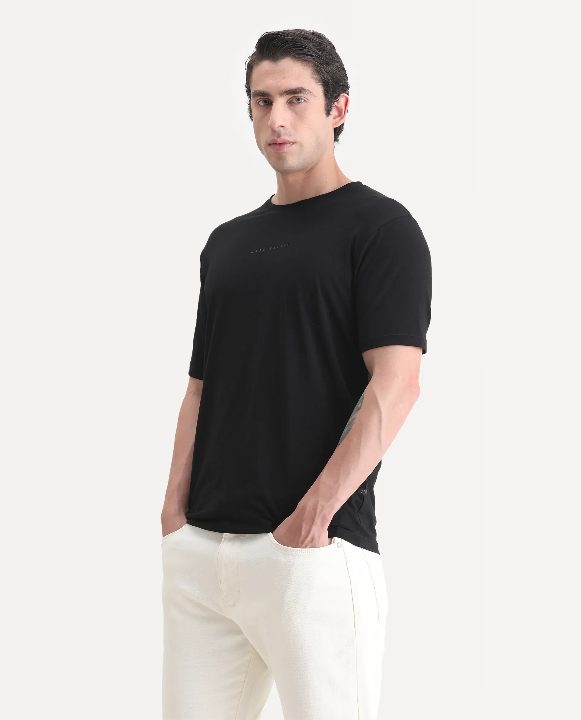 Rare Rabbit Men's Paig Black Cotton Blend Plain Relaxed Fit Half Sleeve Crew Neck T-Shirt - Image 5