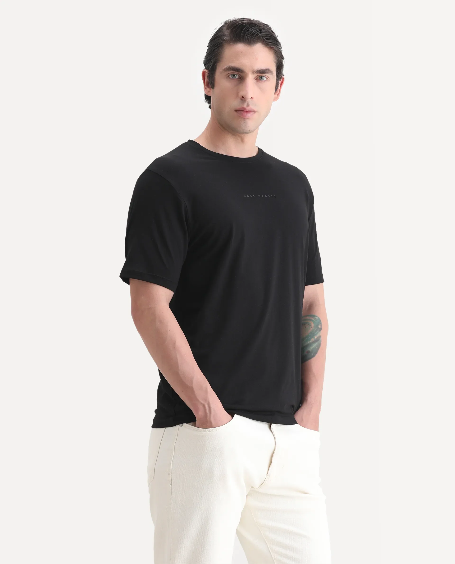 Rare Rabbit Men's Paig Black Cotton Blend Plain Relaxed Fit Half Sleeve Crew Neck T-Shirt - Image 6