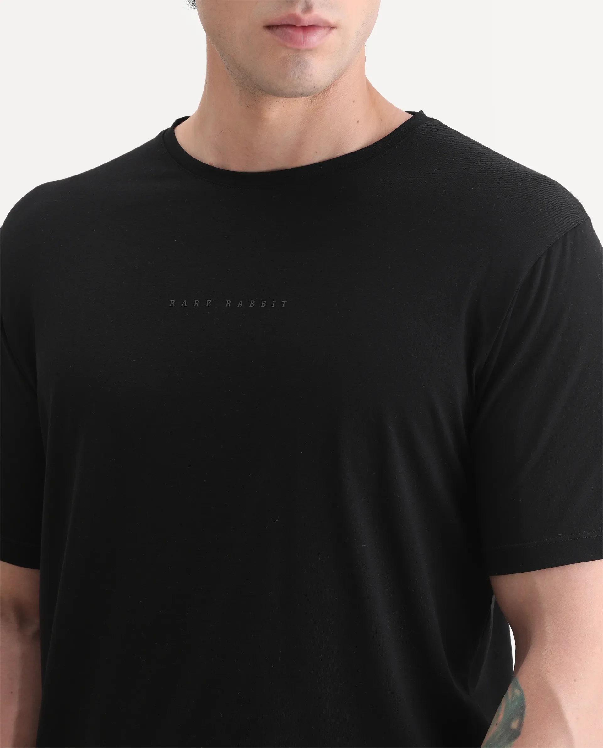 Rare Rabbit Men's Paig Black Cotton Blend Plain Relaxed Fit Half Sleeve Crew Neck T-Shirt - Image 7