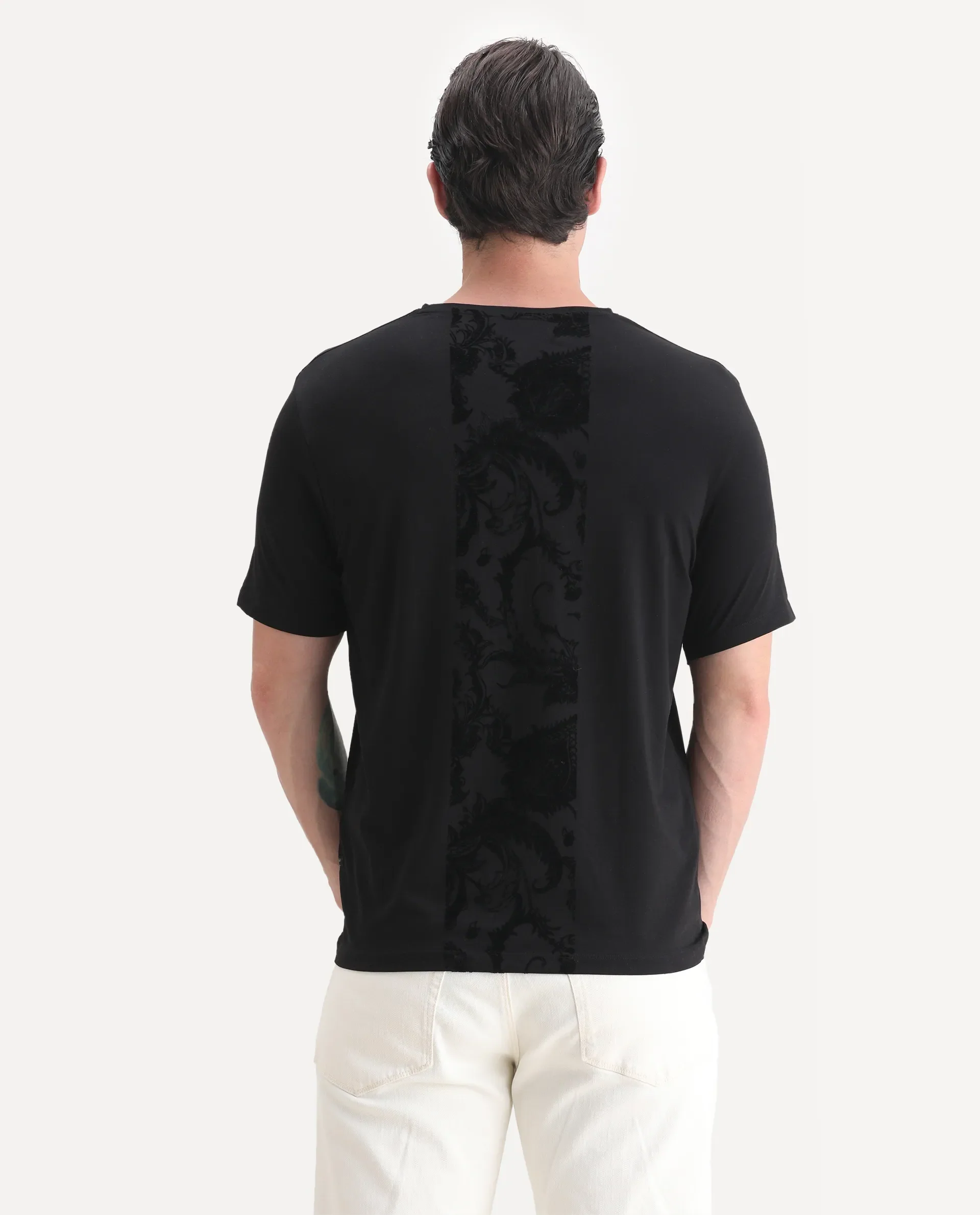 Rare Rabbit Men's Paig Black Cotton Blend Plain Relaxed Fit Half Sleeve Crew Neck T-Shirt - Image 8