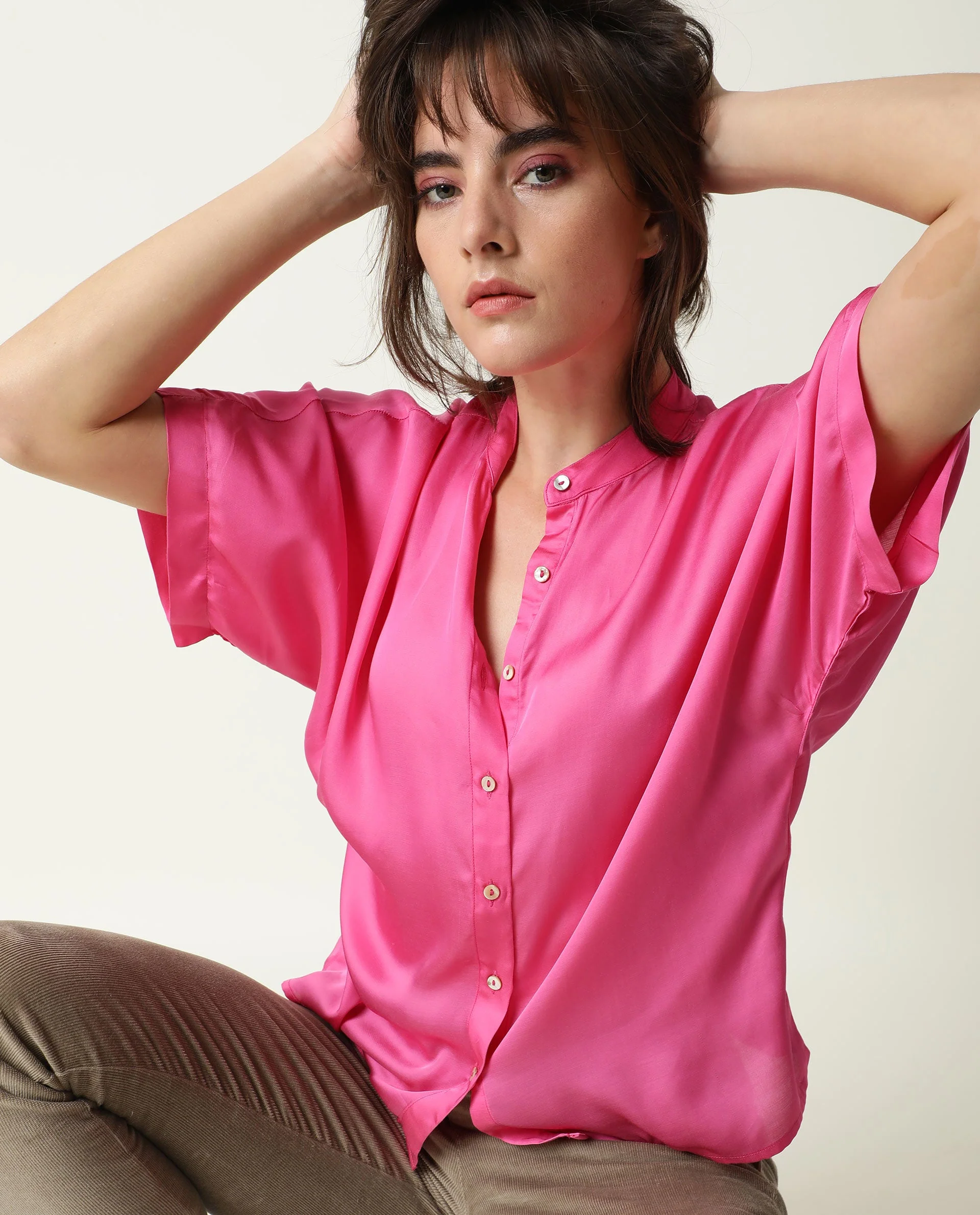 Rareism Womens Paige Pink Top Modal Satin Fabric Regular Fit Kimono Sleeve Mandarin Neck