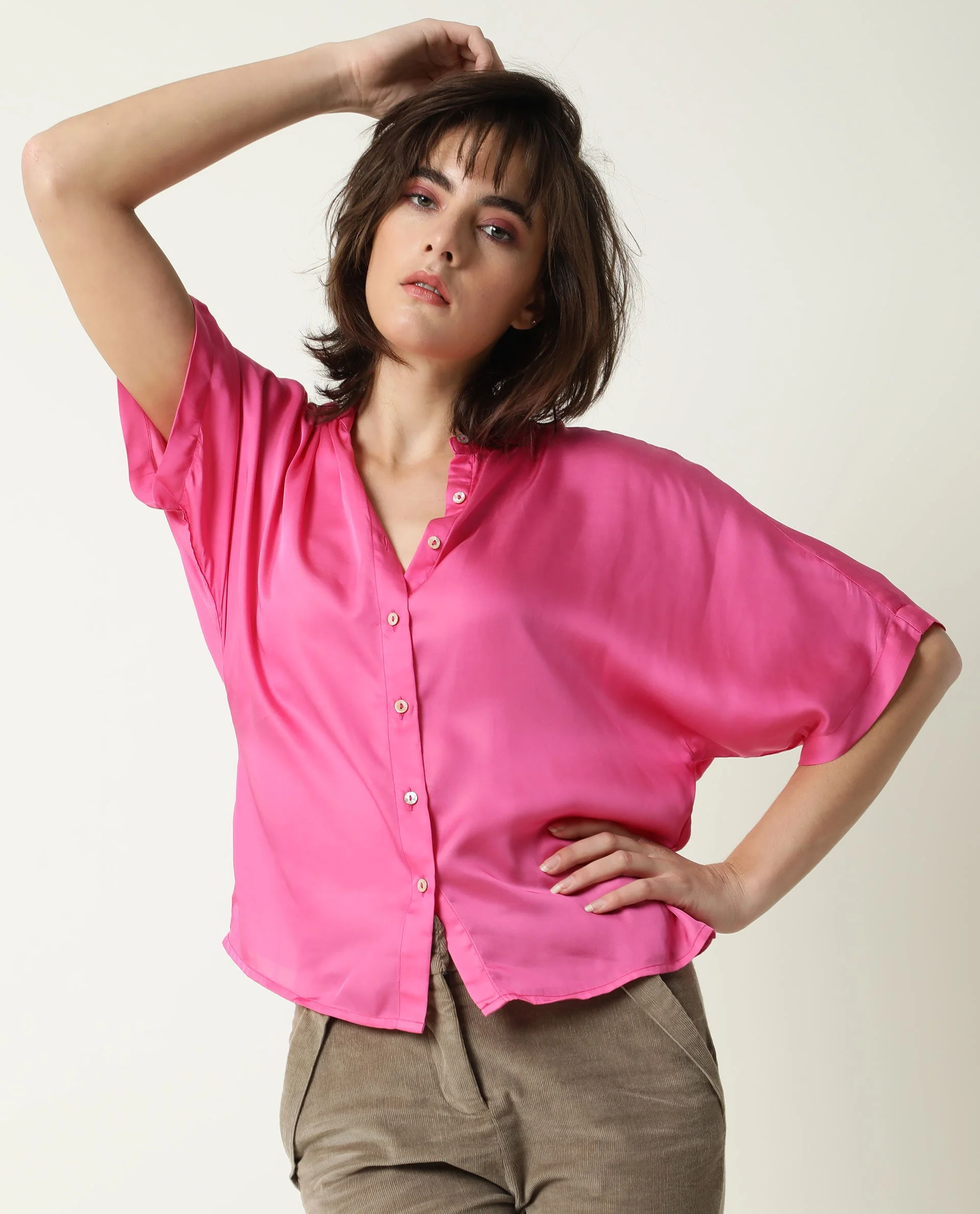 Rareism Womens Paige Pink Top Modal Satin Fabric Regular Fit Kimono Sleeve Mandarin Neck - Image 10