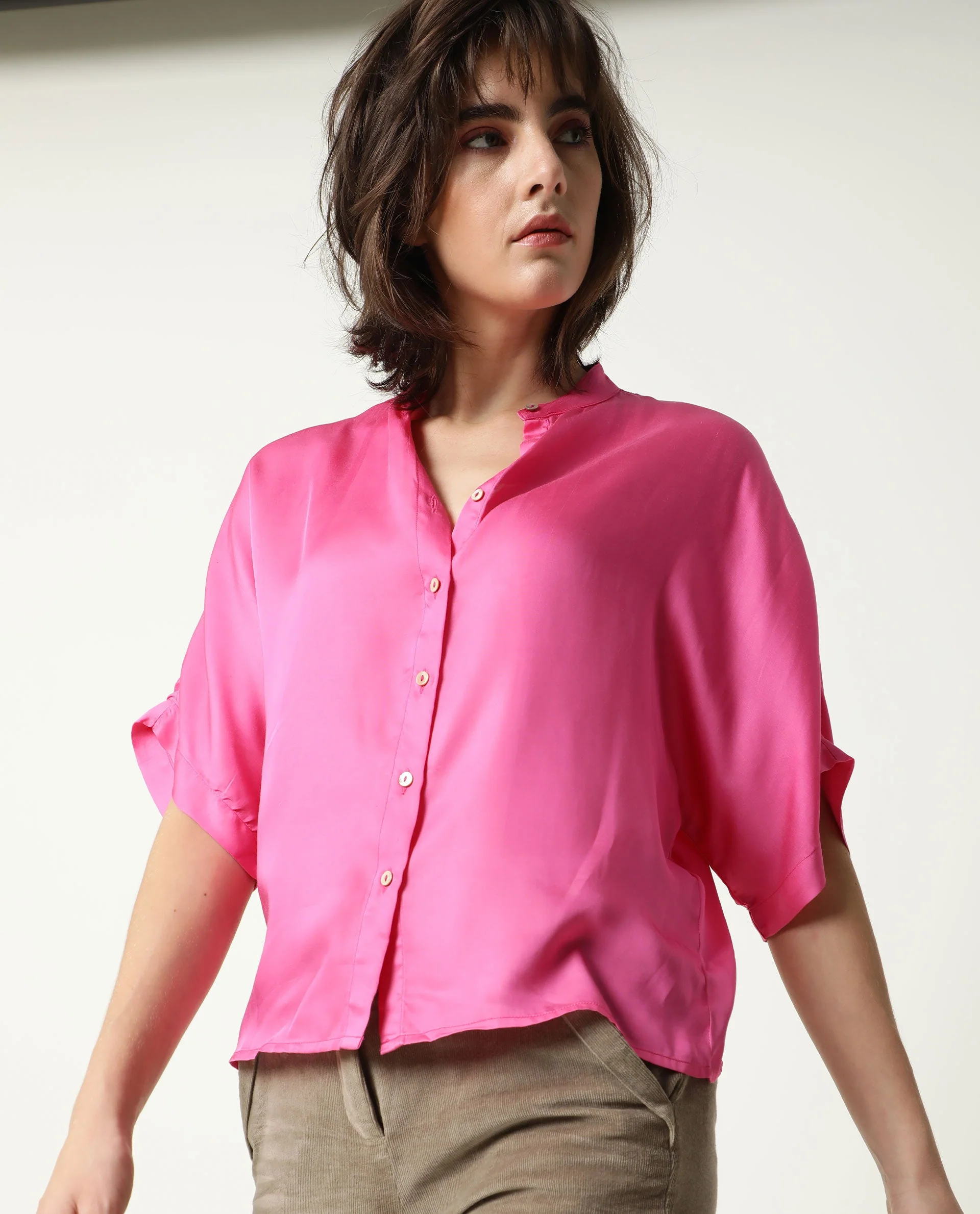 Rareism Womens Paige Pink Top Modal Satin Fabric Regular Fit Kimono Sleeve Mandarin Neck - Image 11