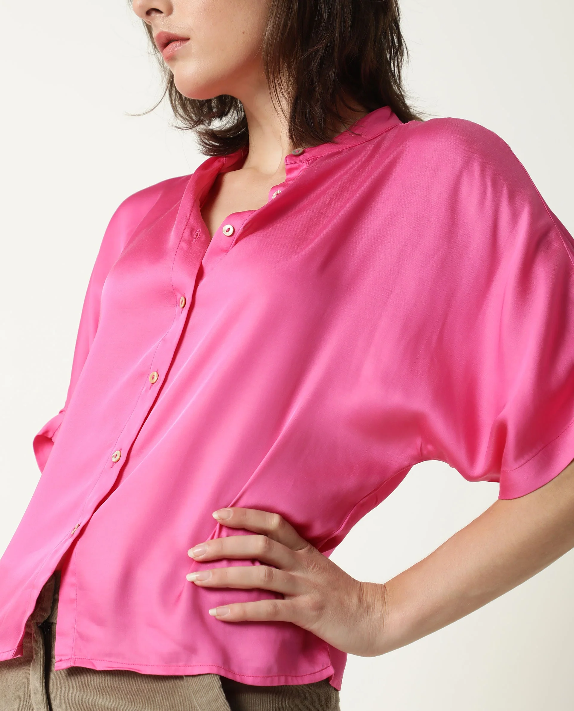 Rareism Womens Paige Pink Top Modal Satin Fabric Regular Fit Kimono Sleeve Mandarin Neck - Image 12