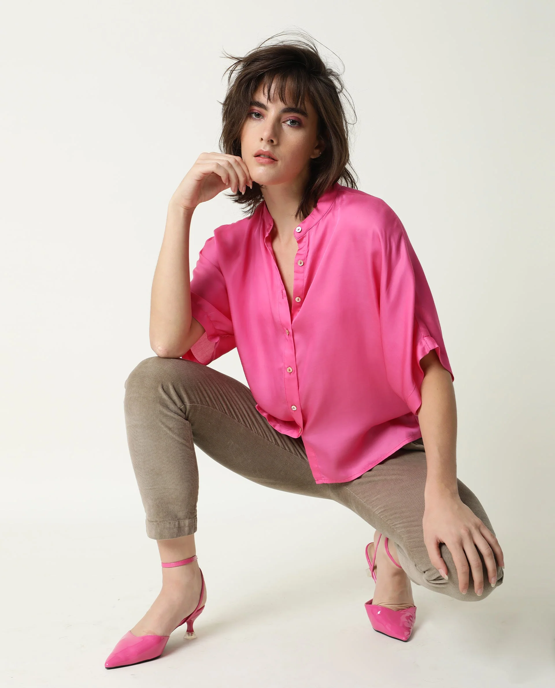 Rareism Womens Paige Pink Top Modal Satin Fabric Regular Fit Kimono Sleeve Mandarin Neck - Image 13