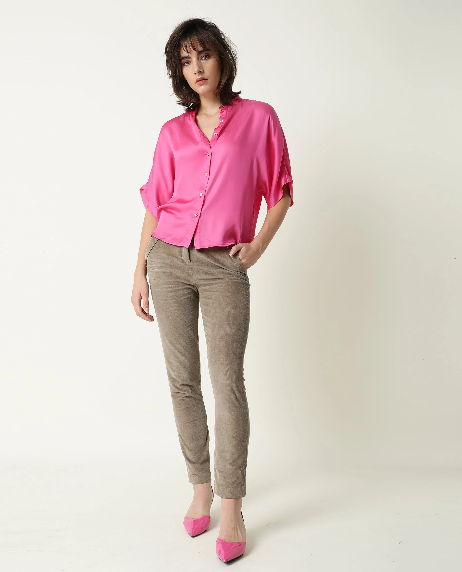 Rareism Womens Paige Pink Top Modal Satin Fabric Regular Fit Kimono Sleeve Mandarin Neck - Image 14