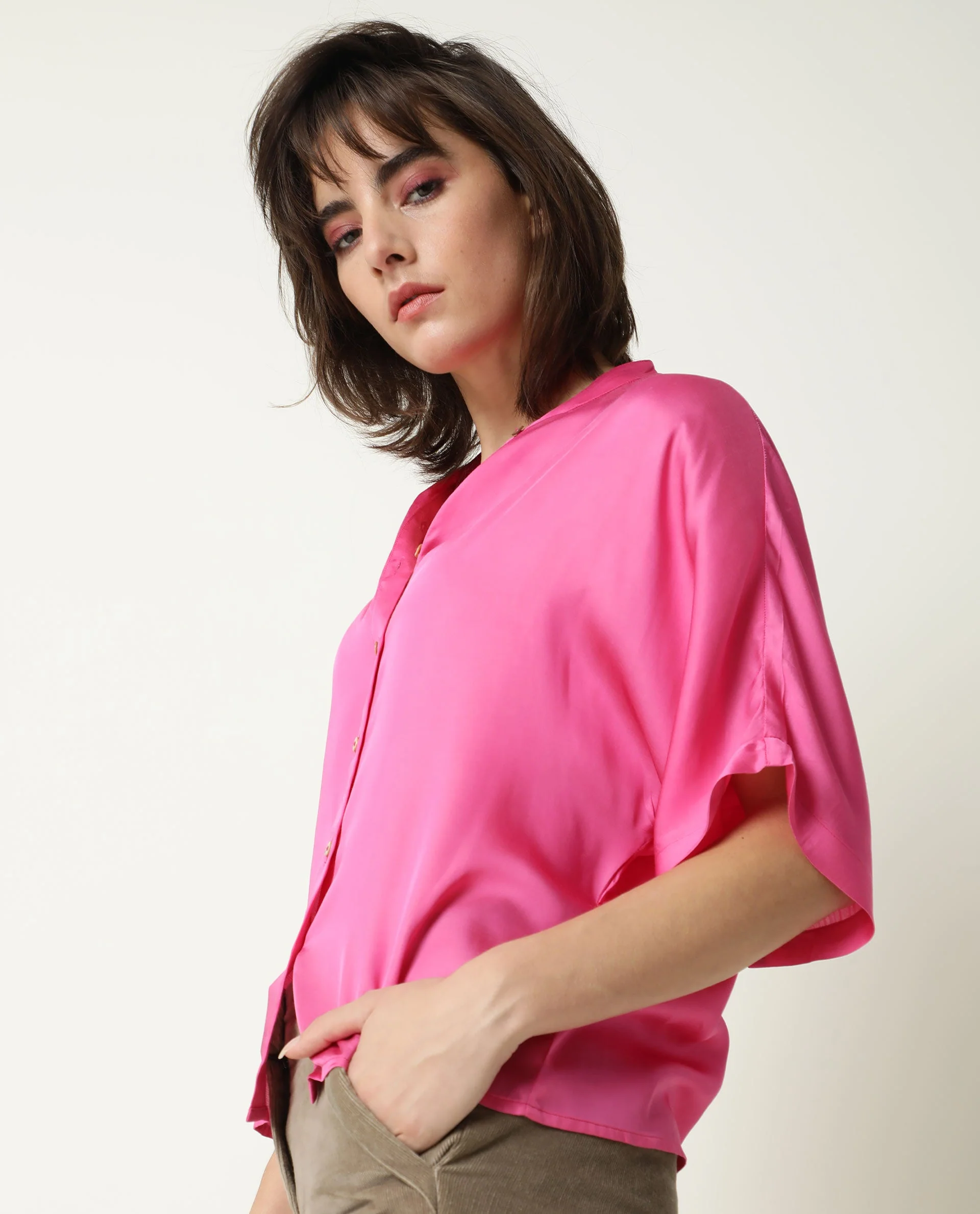 Rareism Womens Paige Pink Top Modal Satin Fabric Regular Fit Kimono Sleeve Mandarin Neck - Image 2