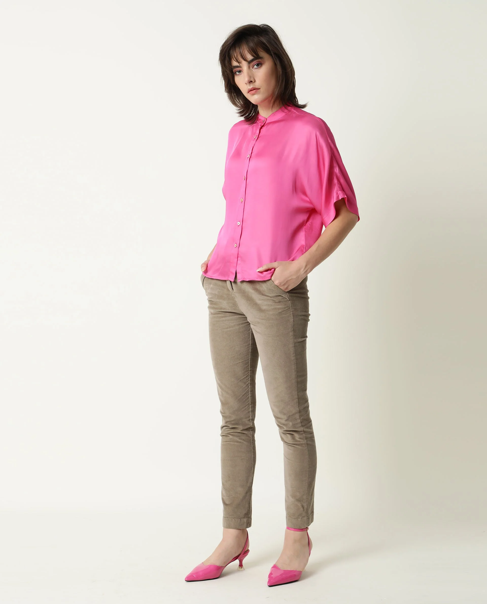 Rareism Womens Paige Pink Top Modal Satin Fabric Regular Fit Kimono Sleeve Mandarin Neck - Image 3