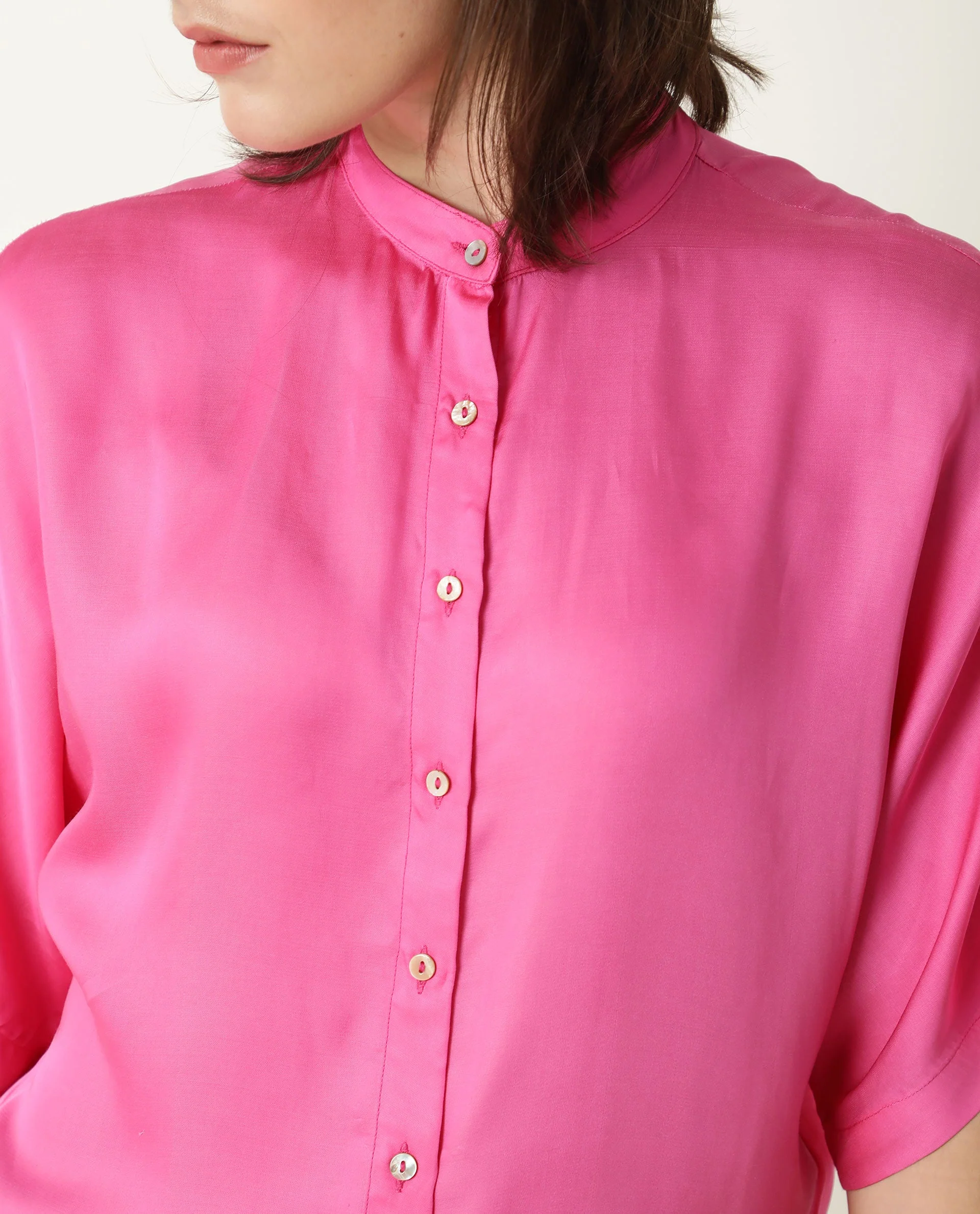Rareism Womens Paige Pink Top Modal Satin Fabric Regular Fit Kimono Sleeve Mandarin Neck - Image 4