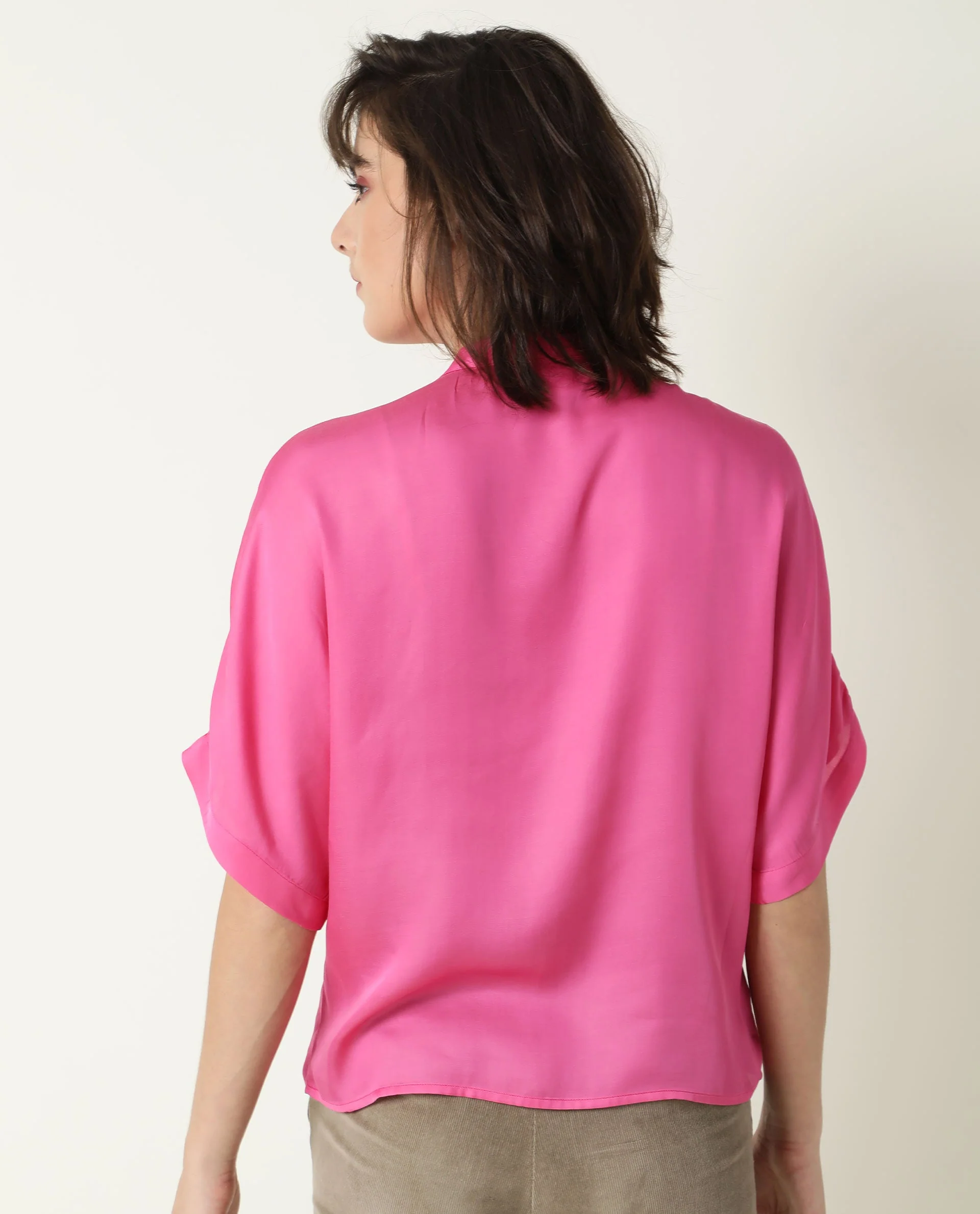 Rareism Womens Paige Pink Top Modal Satin Fabric Regular Fit Kimono Sleeve Mandarin Neck - Image 5