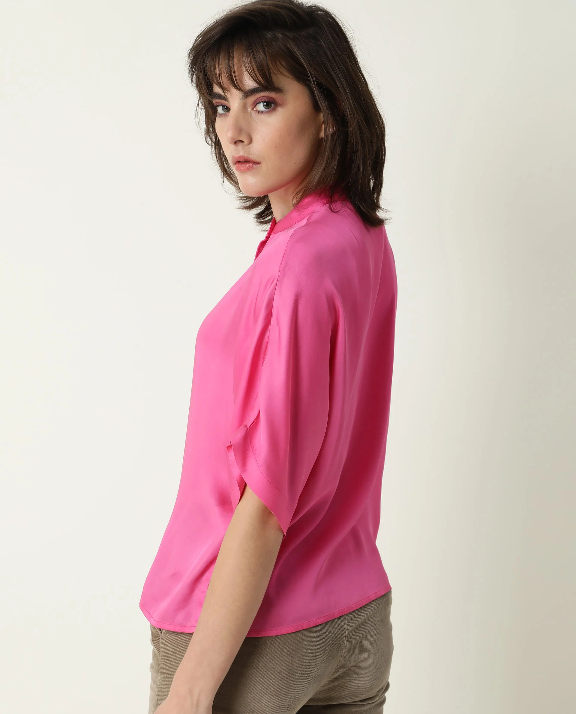 Rareism Womens Paige Pink Top Modal Satin Fabric Regular Fit Kimono Sleeve Mandarin Neck - Image 6