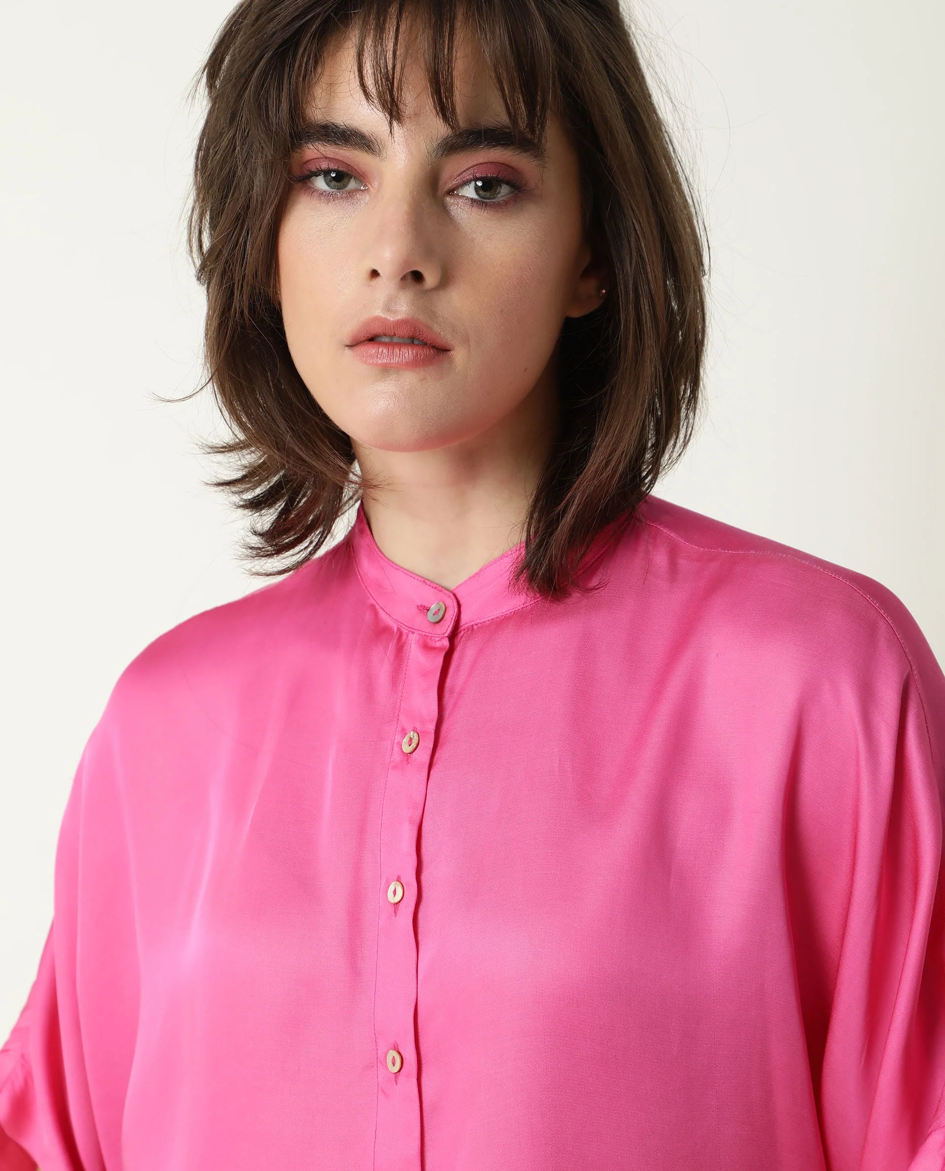Rareism Womens Paige Pink Top Modal Satin Fabric Regular Fit Kimono Sleeve Mandarin Neck - Image 8