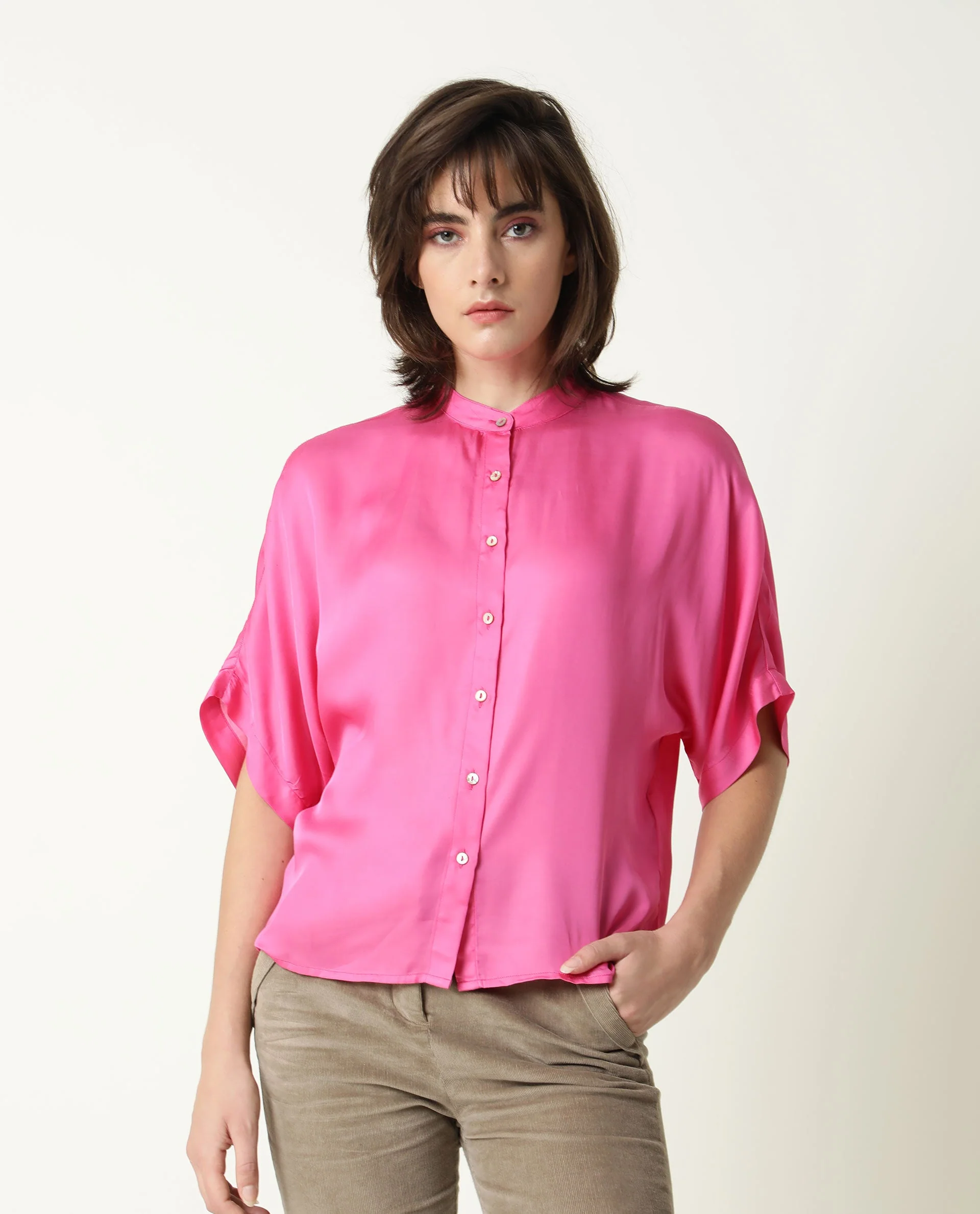 Rareism Womens Paige Pink Top Modal Satin Fabric Regular Fit Kimono Sleeve Mandarin Neck - Image 9