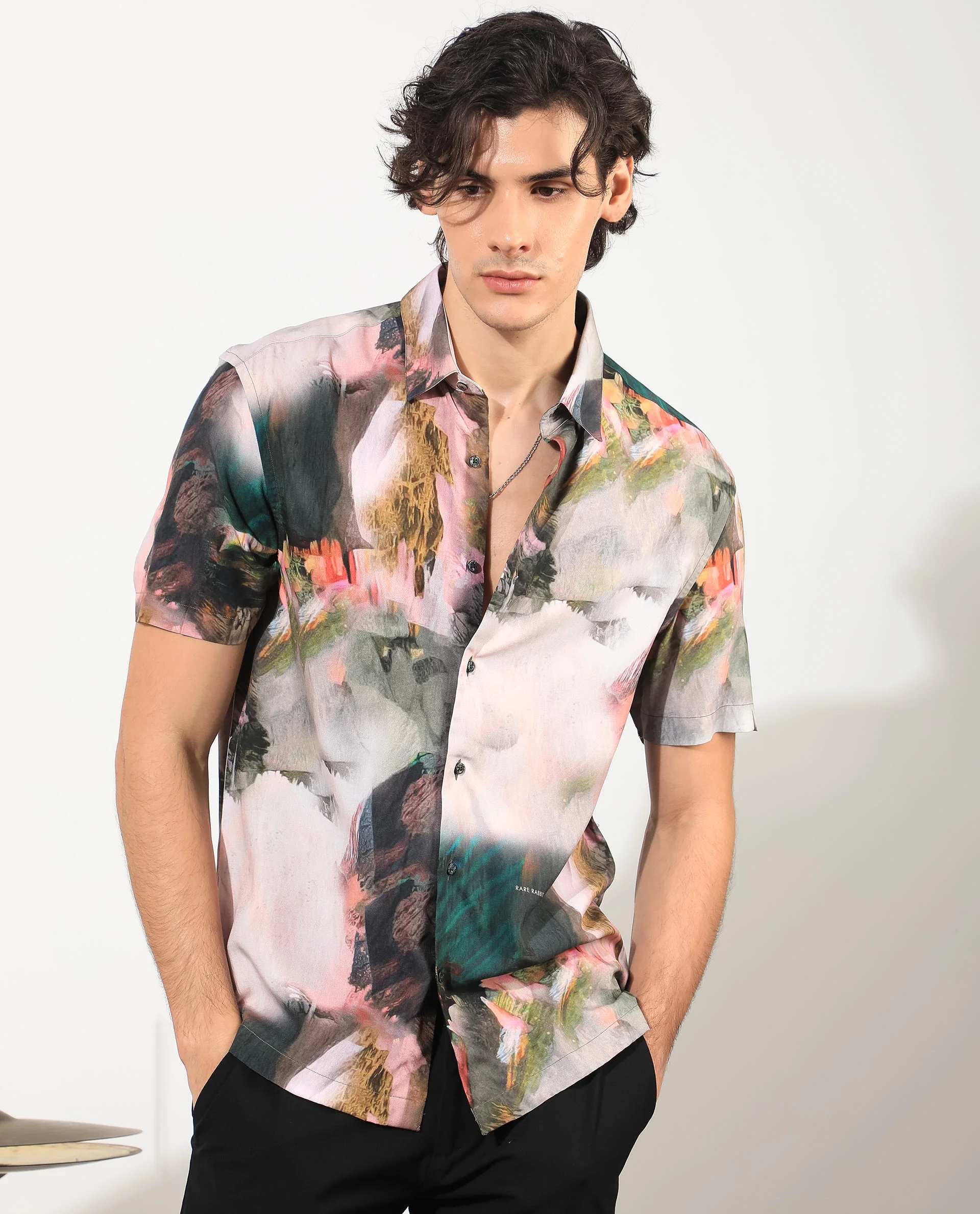 Rare Rabbit Men's Painter Green Viscose Abstract Print Regular Fit Half Sleeve Collared Shirt - Image 2