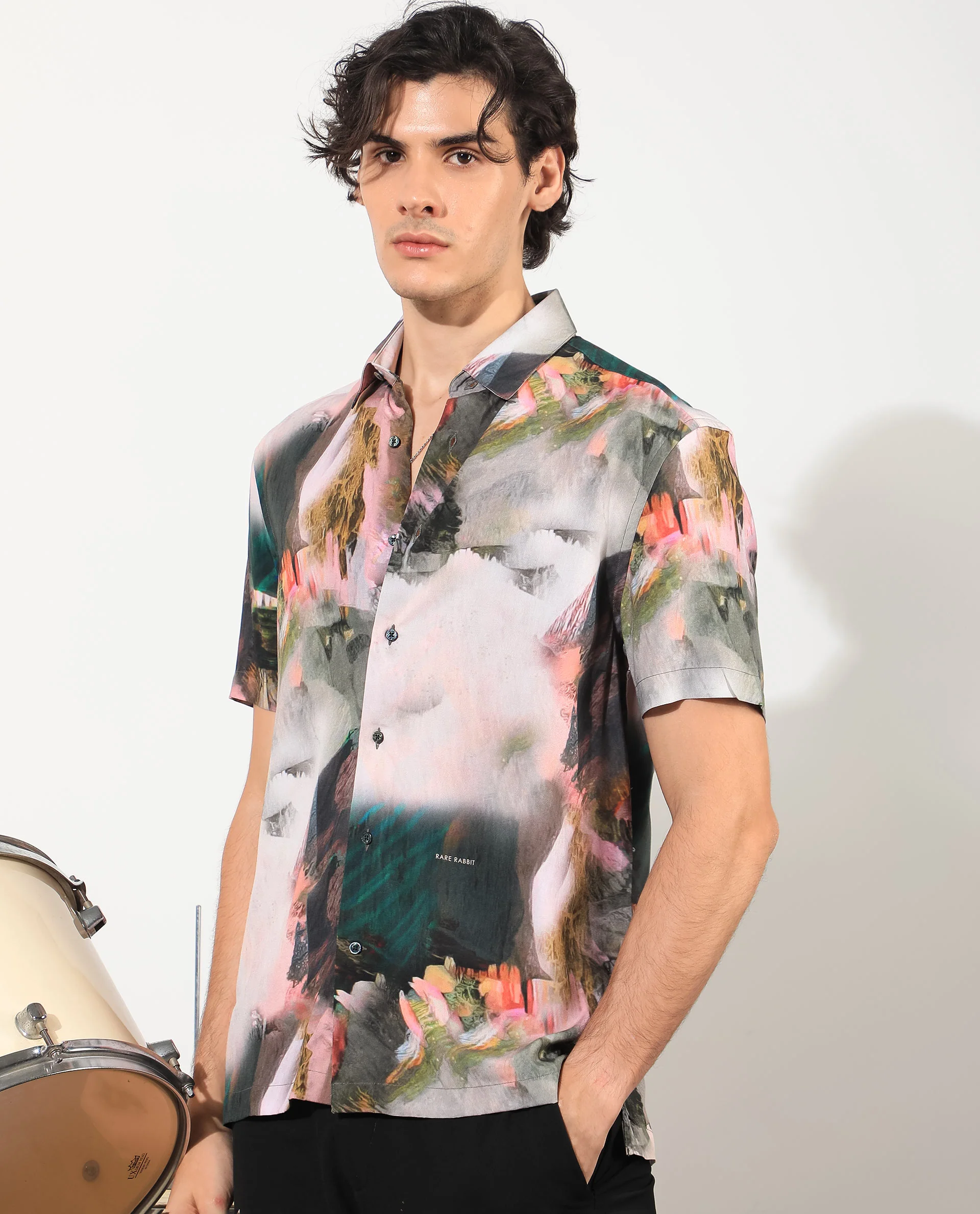 Rare Rabbit Men's Painter Green Viscose Abstract Print Regular Fit Half Sleeve Collared Shirt - Image 3