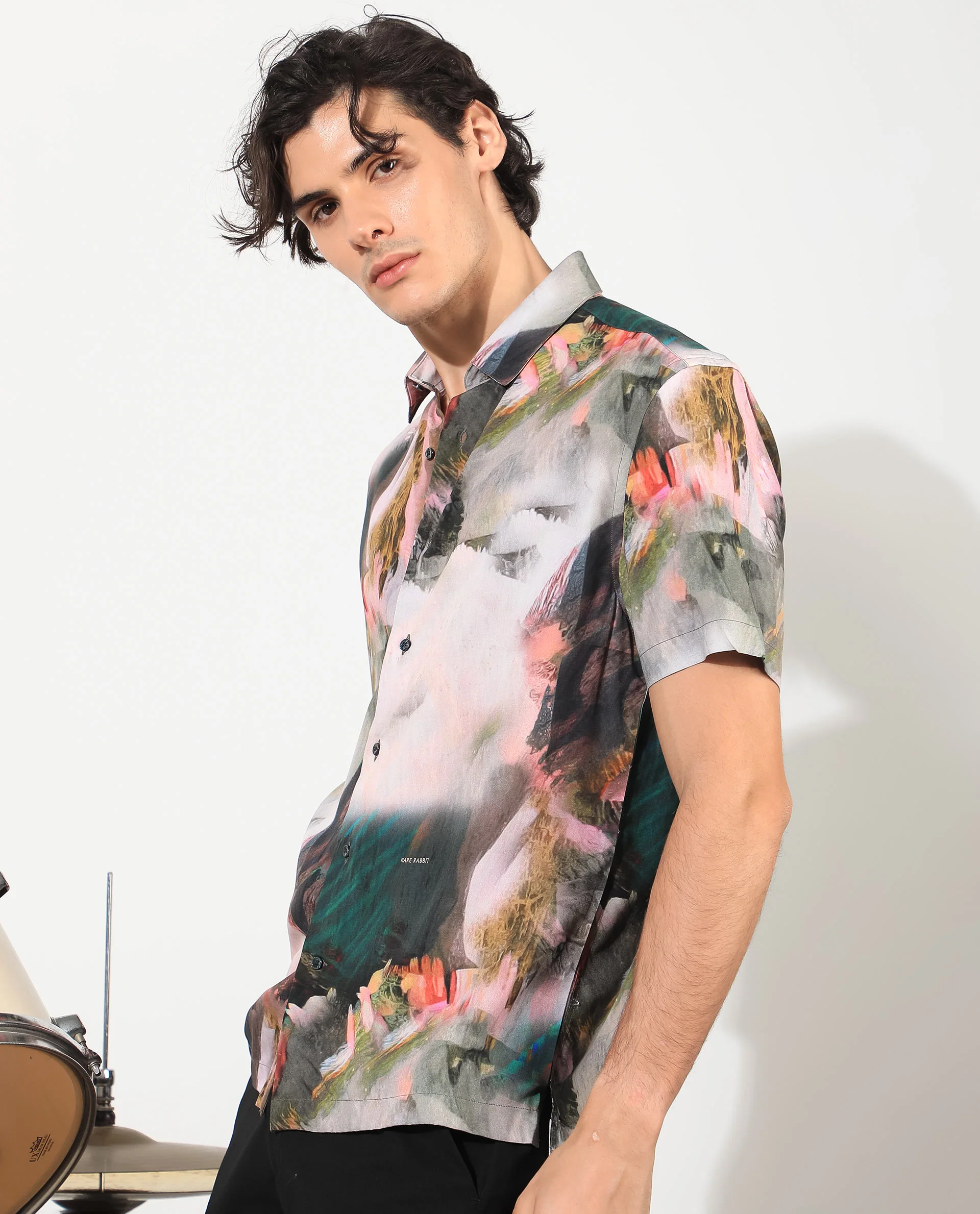 Rare Rabbit Men's Painter Green Viscose Abstract Print Regular Fit Half Sleeve Collared Shirt - Image 4