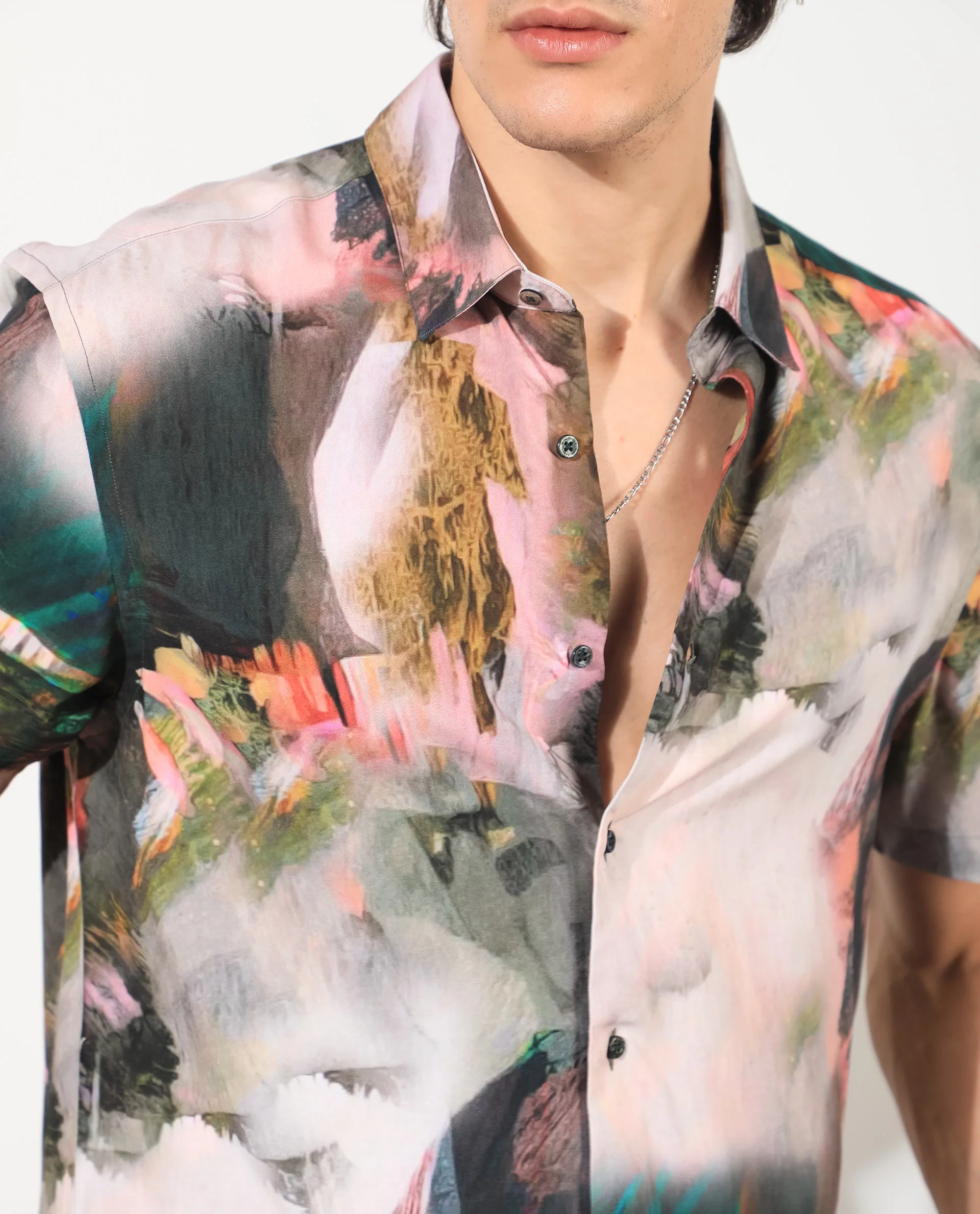 Rare Rabbit Men's Painter Green Viscose Abstract Print Regular Fit Half Sleeve Collared Shirt - Image 5