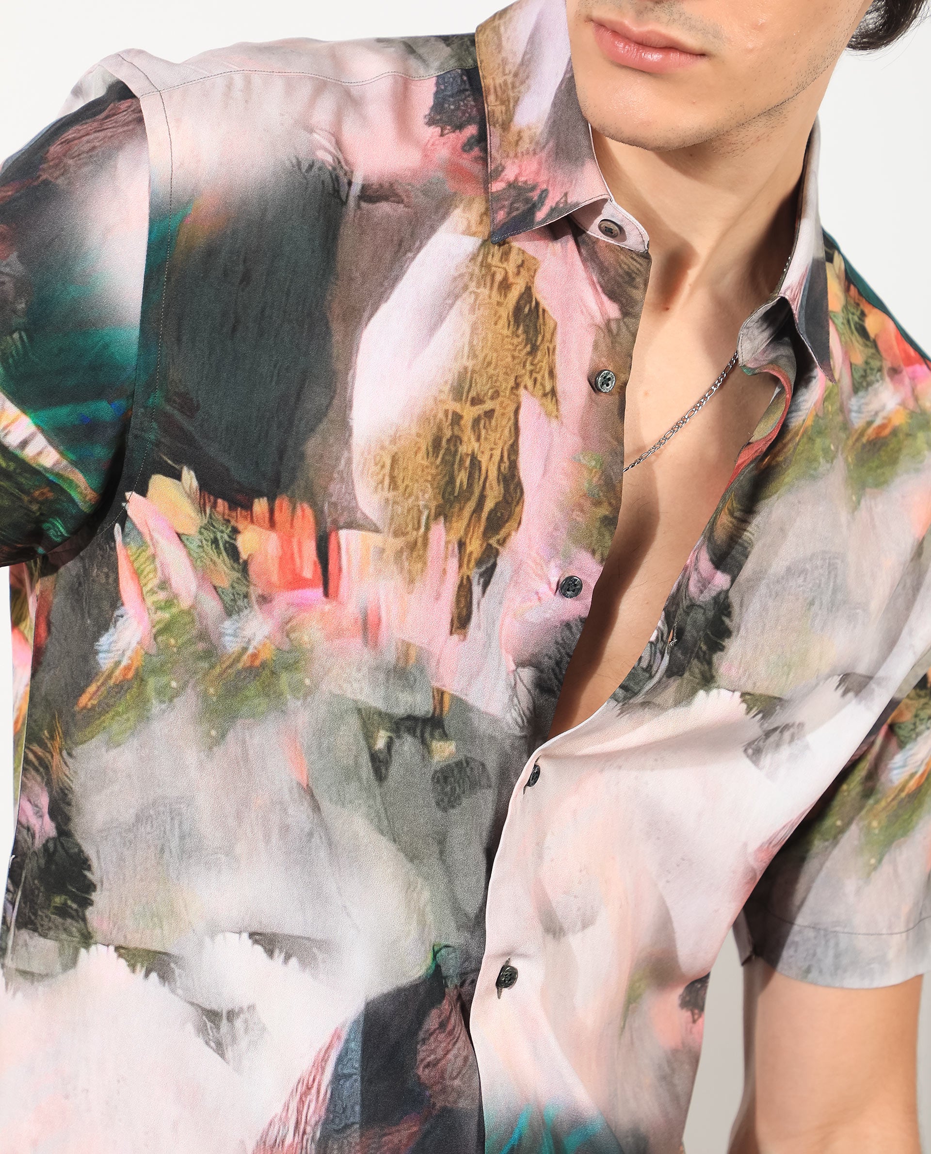Rare Rabbit Men's Painter Green Viscose Abstract Print Regular Fit Half Sleeve Collared Shirt - Image 6