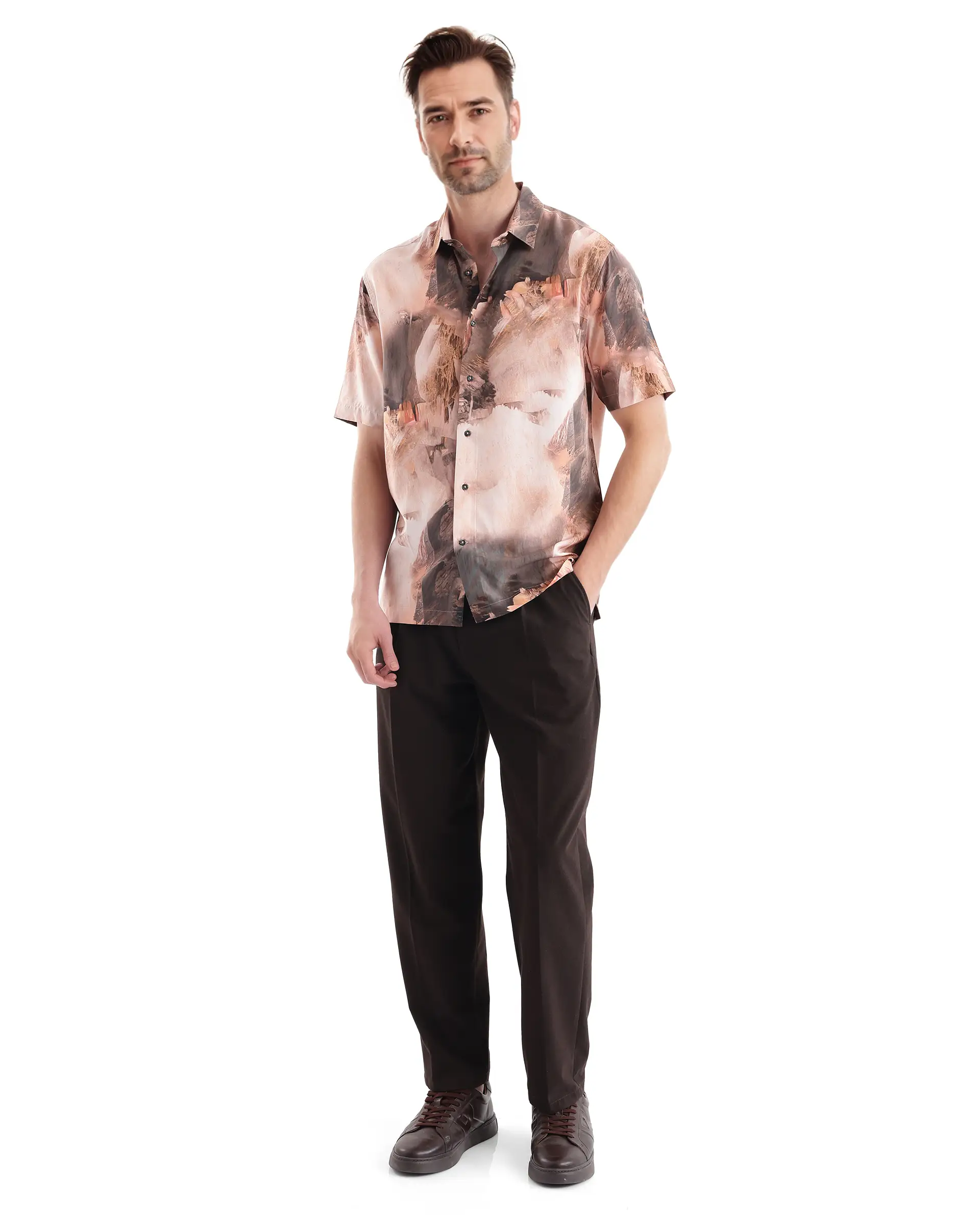 Rare Rabbit Men's Painter Peach Viscose Abstract Print Regular Fit Half Sleeve Collared Shirt - Image 2