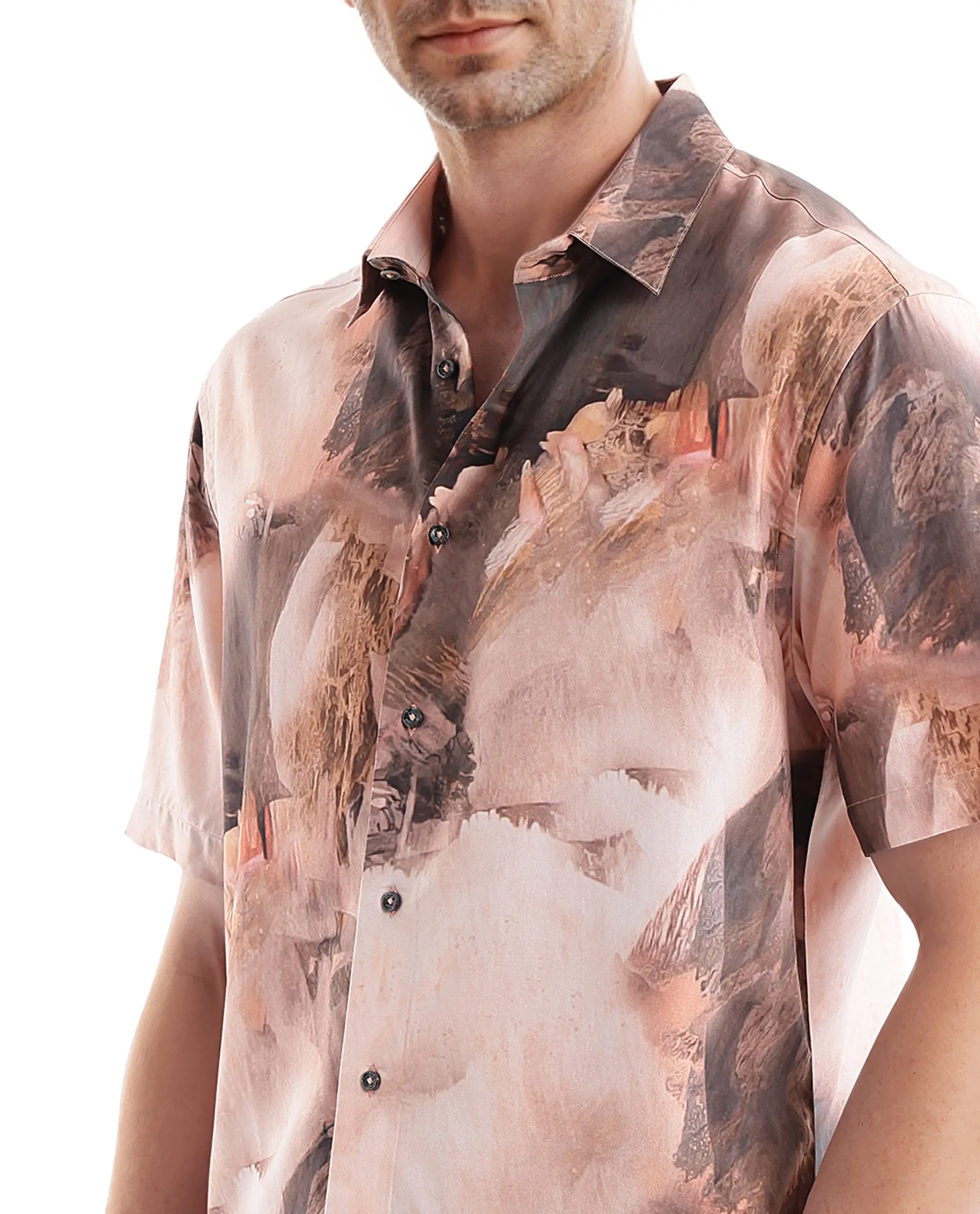 Rare Rabbit Men's Painter Peach Viscose Abstract Print Regular Fit Half Sleeve Collared Shirt - Image 3