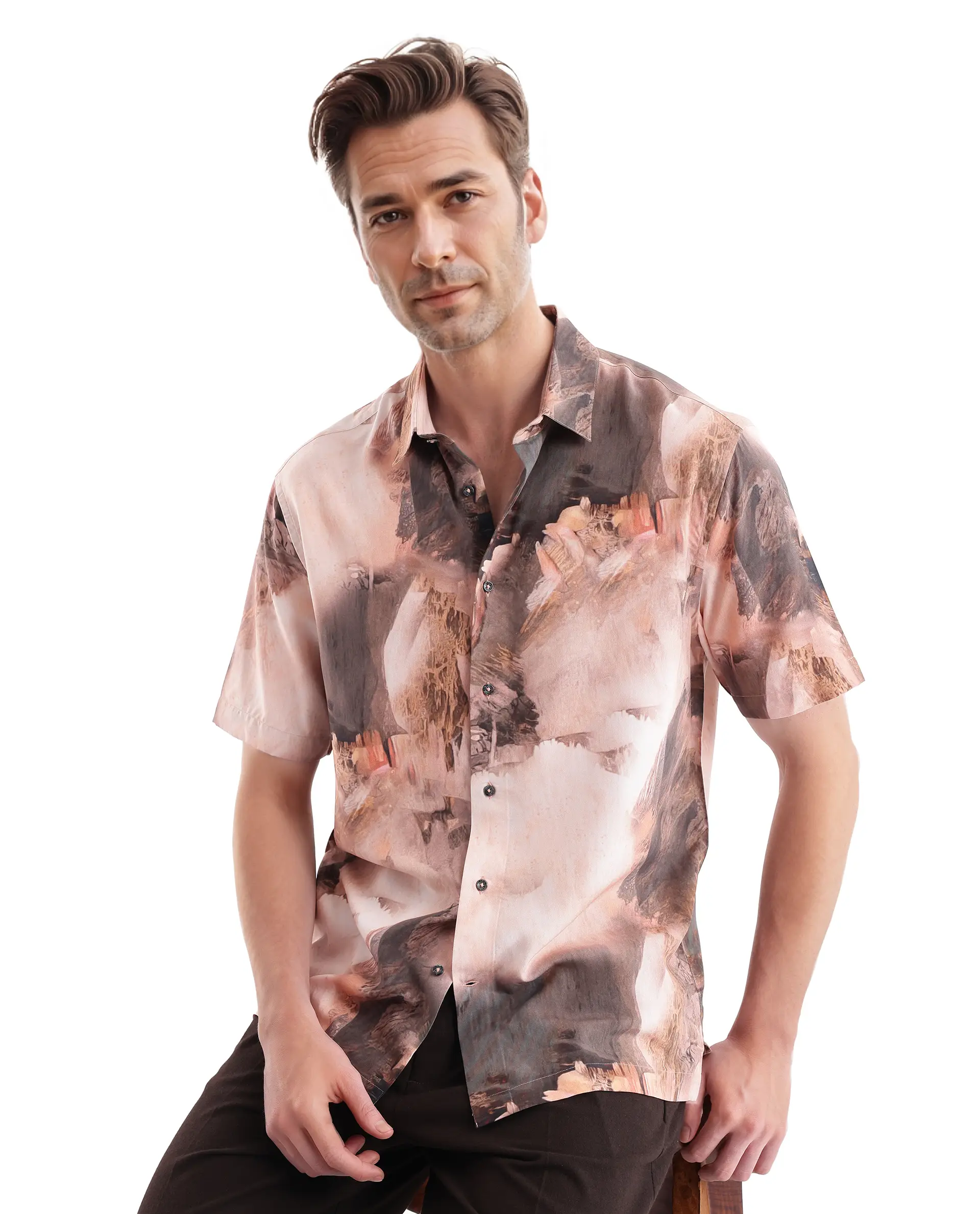 Rare Rabbit Men's Painter Peach Viscose Abstract Print Regular Fit Half Sleeve Collared Shirt - Image 6