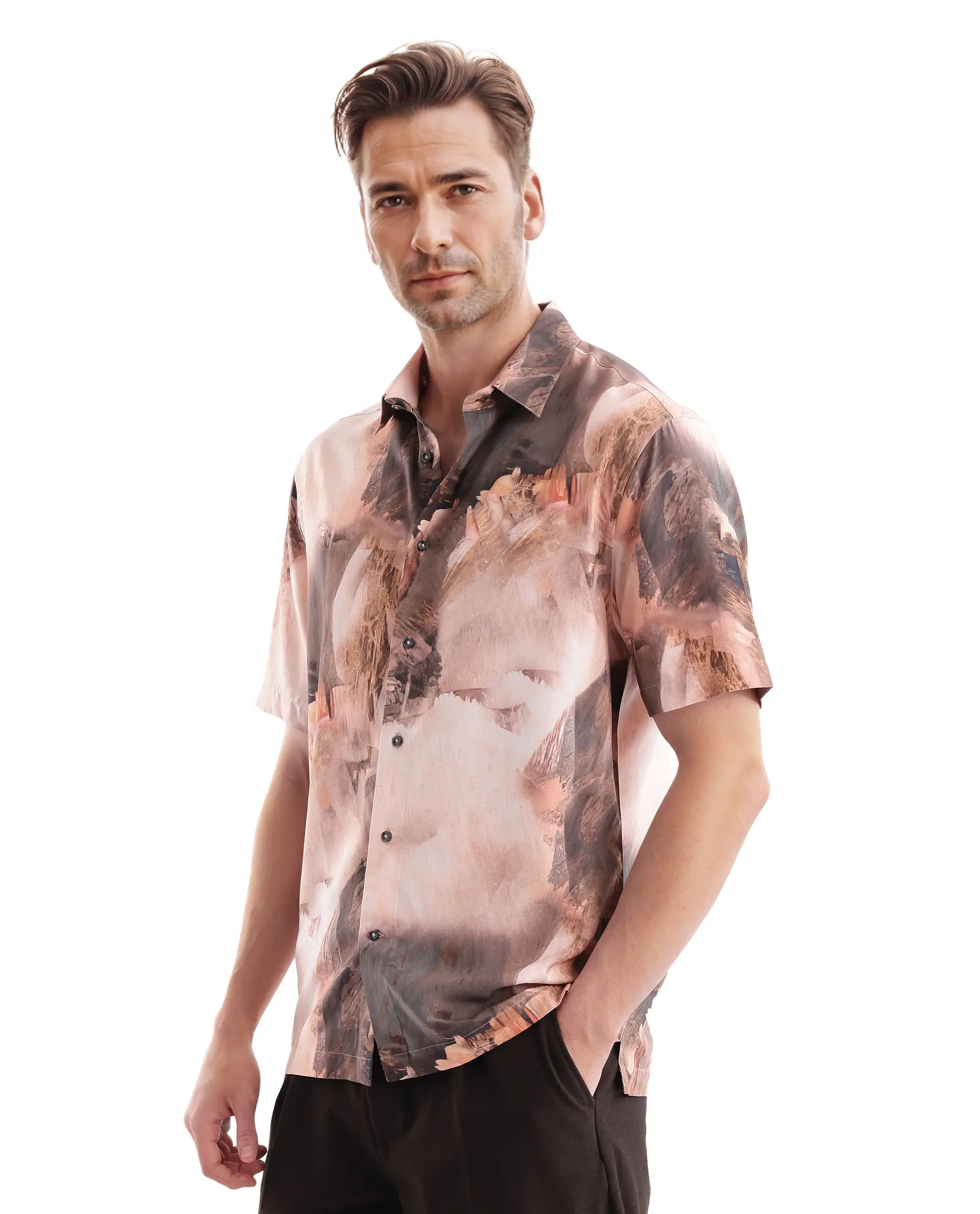 Rare Rabbit Men's Painter Peach Viscose Abstract Print Regular Fit Half Sleeve Collared Shirt - Image 7