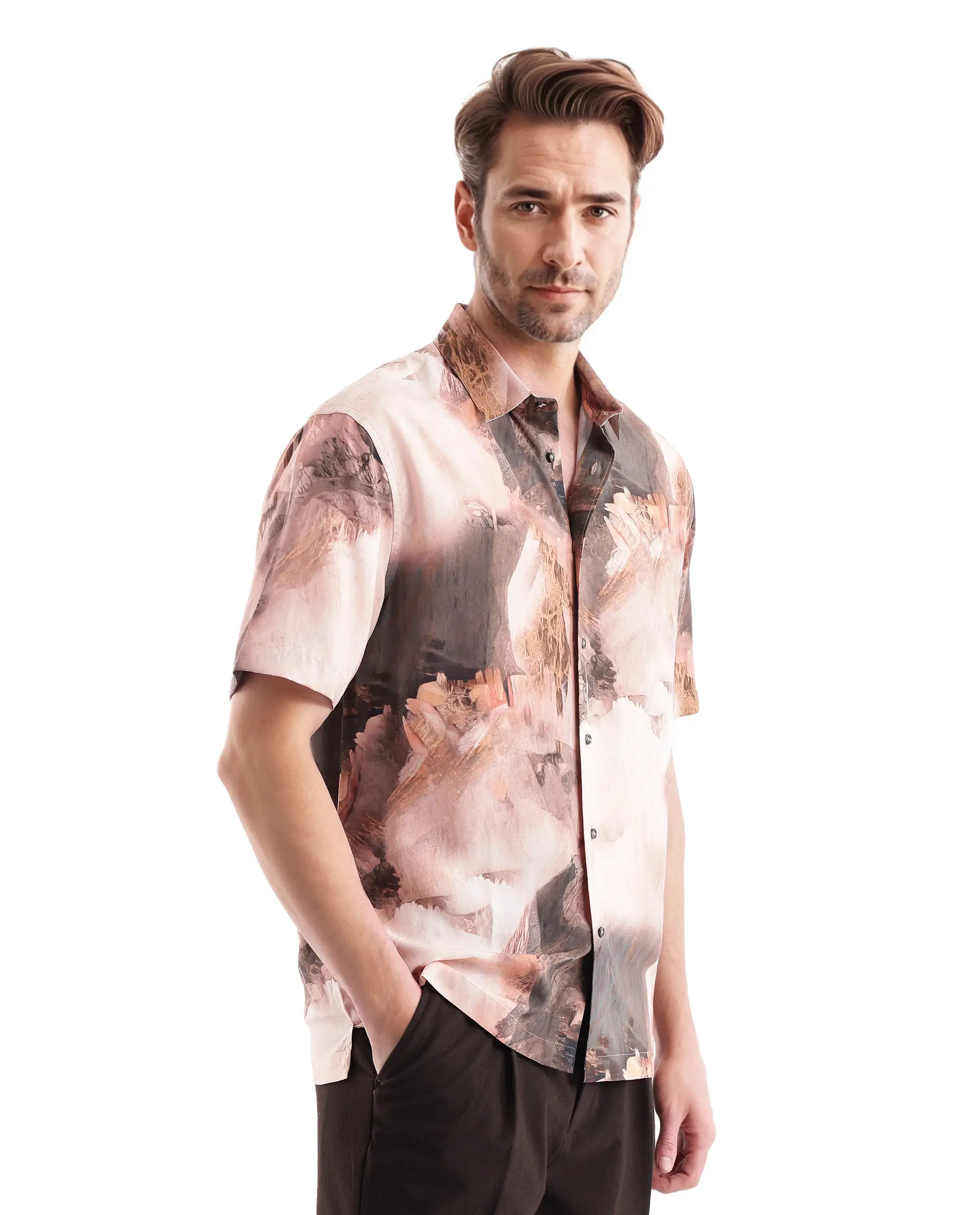 Rare Rabbit Men's Painter Peach Viscose Abstract Print Regular Fit Half Sleeve Collared Shirt - Image 8