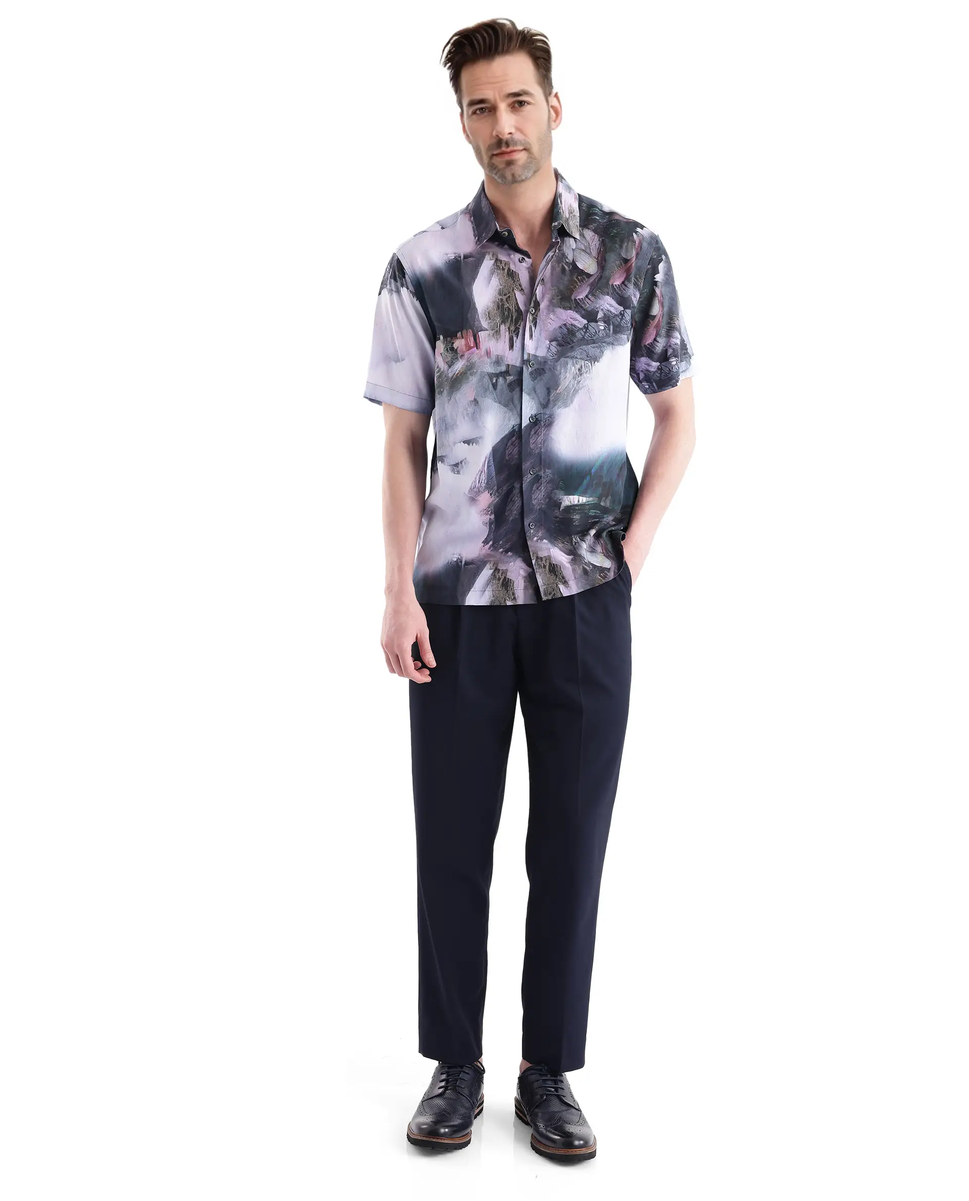 Rare Rabbit Men's Painter Purple Viscose Abstract Print Regular Fit Half Sleeve Collared Shirt - Image 2