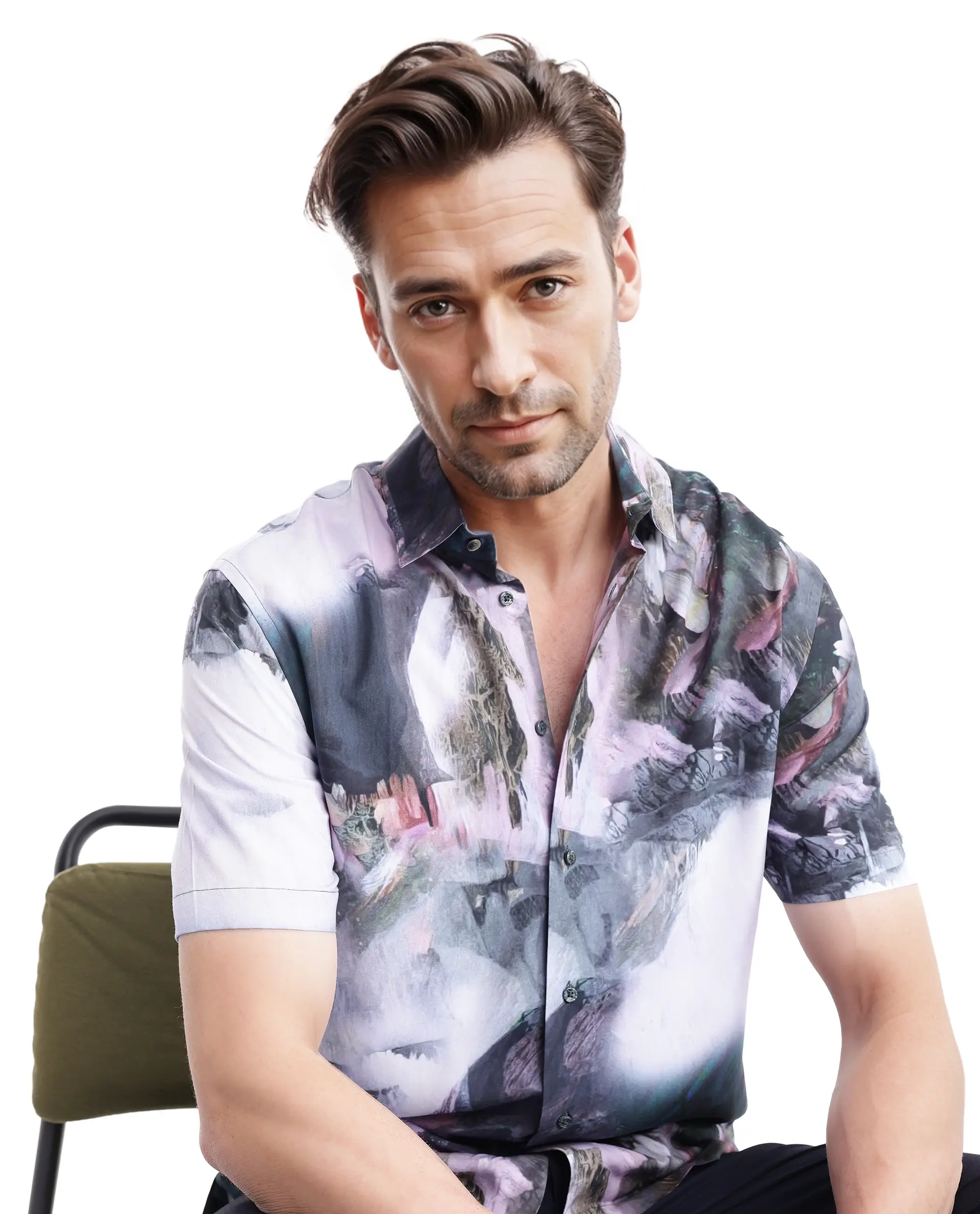 Rare Rabbit Men's Painter Purple Viscose Abstract Print Regular Fit Half Sleeve Collared Shirt - Image 3