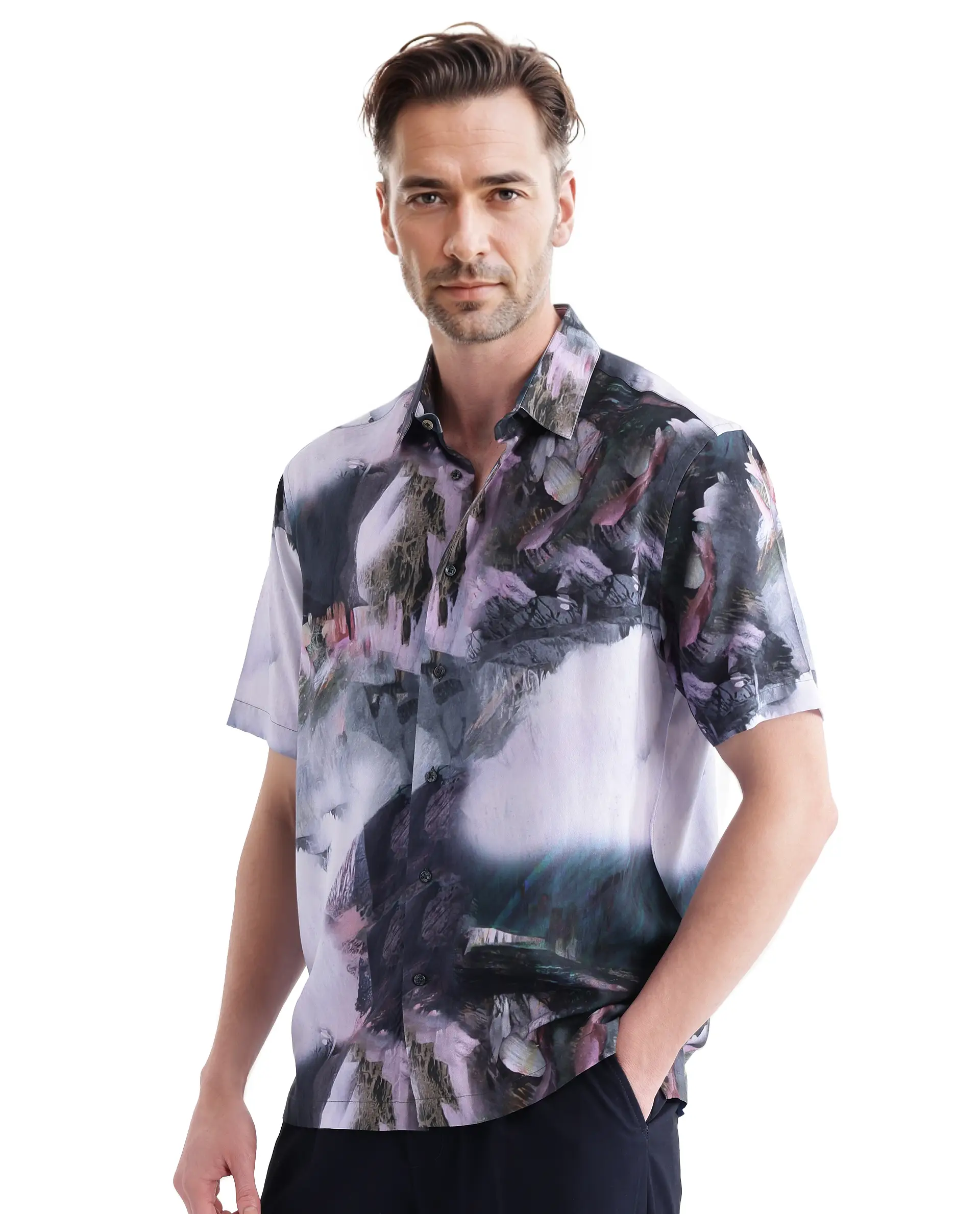 Rare Rabbit Men's Painter Purple Viscose Abstract Print Regular Fit Half Sleeve Collared Shirt - Image 4