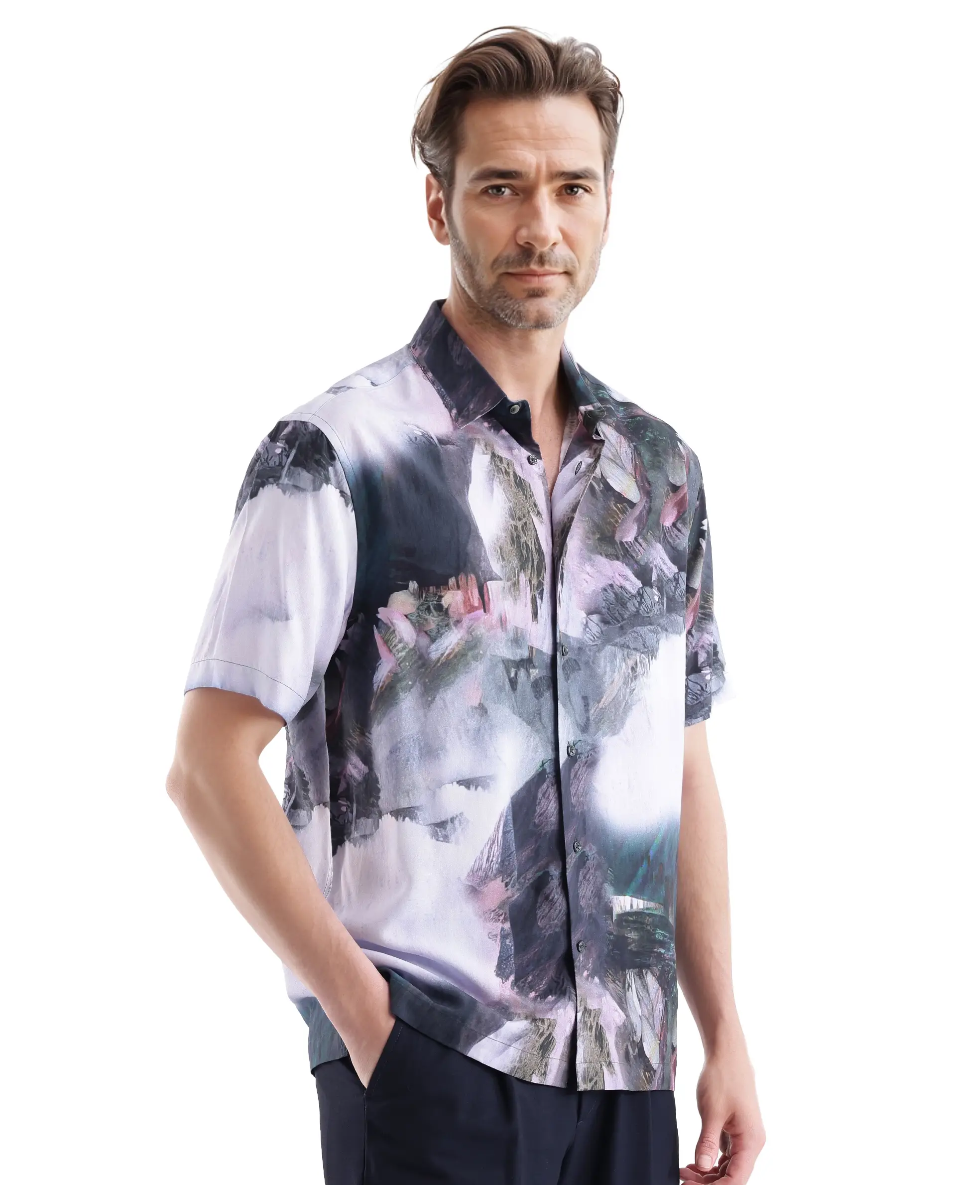 Rare Rabbit Men's Painter Purple Viscose Abstract Print Regular Fit Half Sleeve Collared Shirt - Image 6