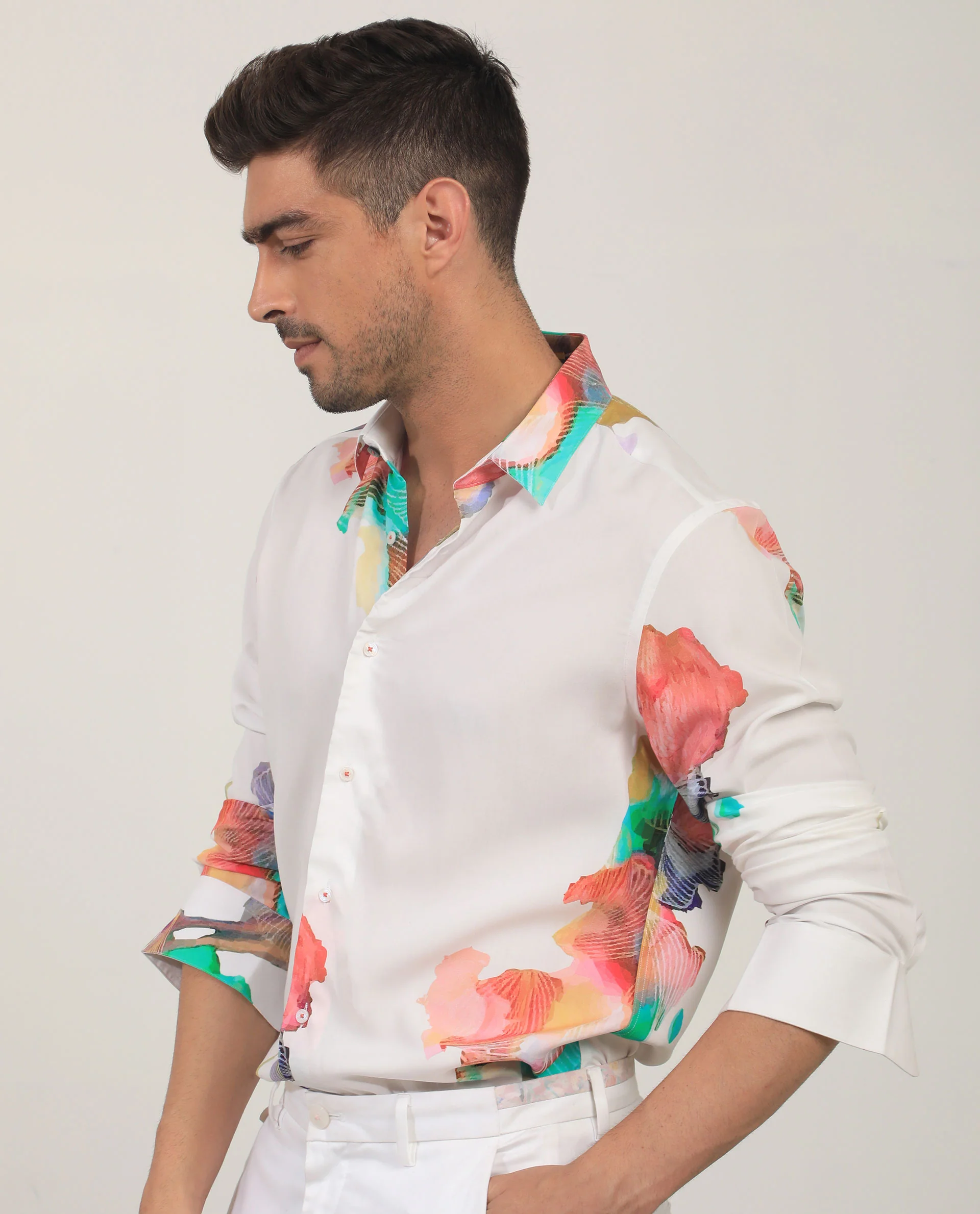 Rare Rabbit Men's Painter White Viscose Abstract Print Regular Fit Full Sleeve Collared Shirt - Image 3