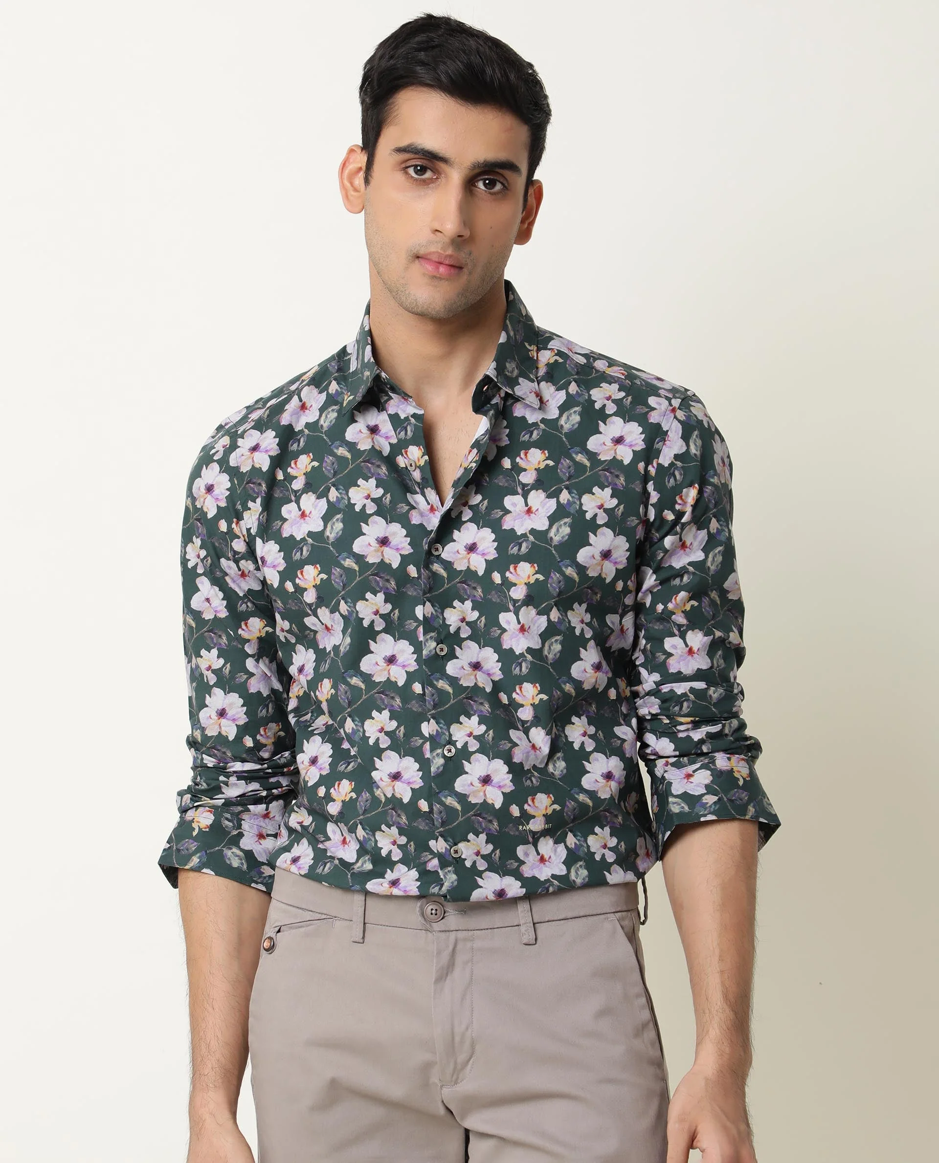 Rare Rabbit Men's Paintt Green Cotton Floral Print Regular Fit Full Sleeve Collared Shirt - Image 3