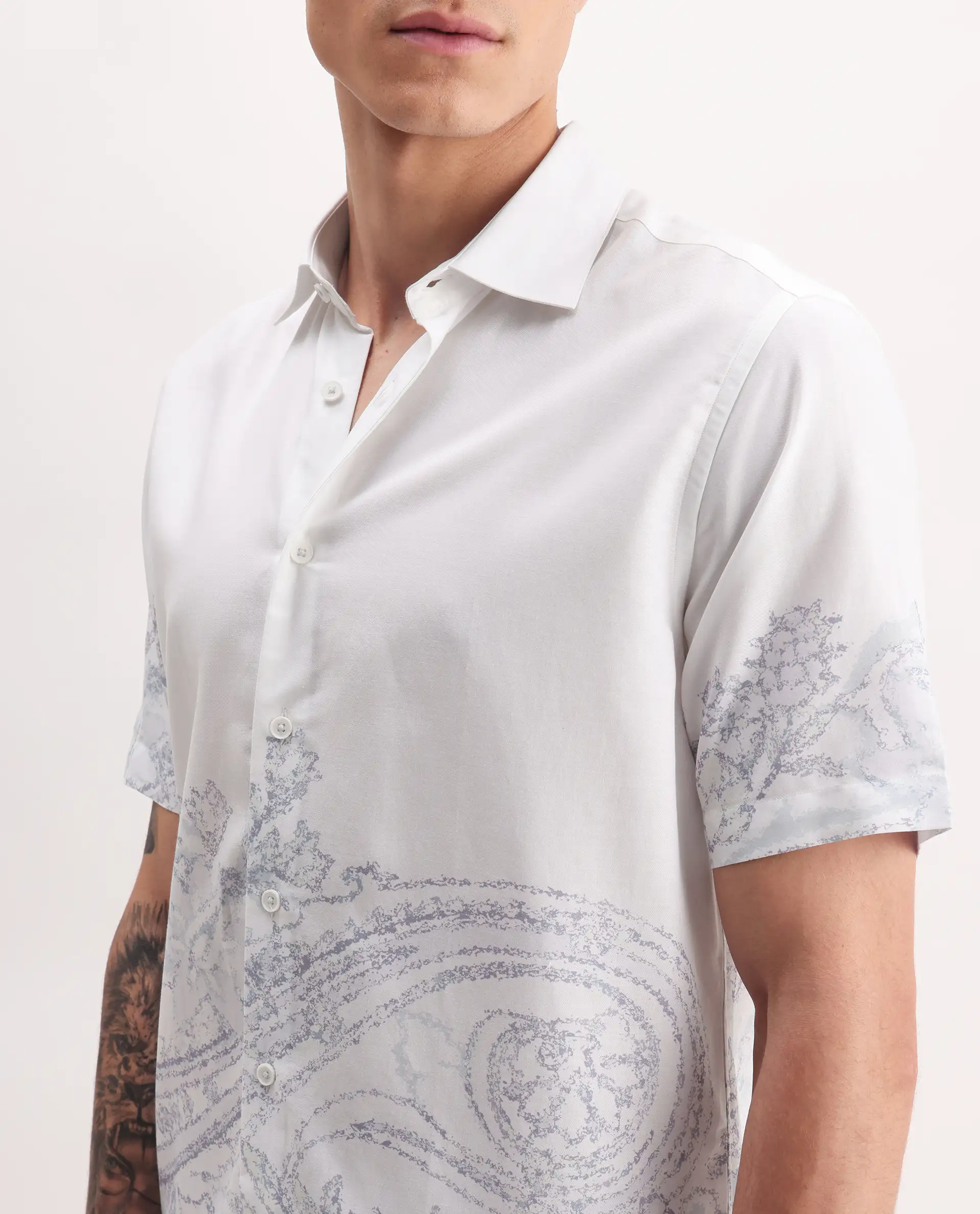 Rare Rabbit Men's Pais White Cotton Blend Paisley Print Relaxed Fit Half Sleeve Collared Shirt - Image 3