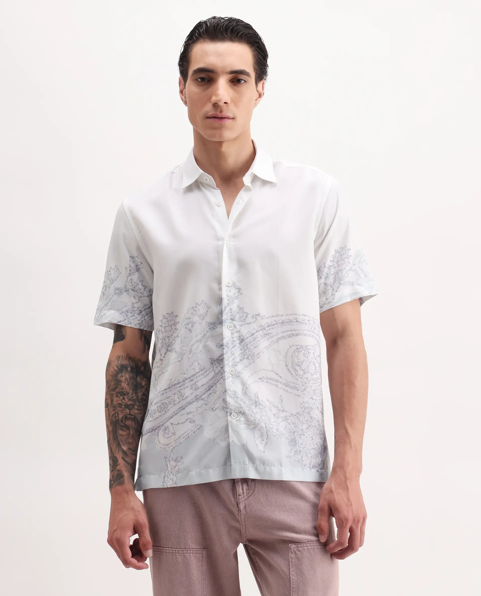 Rare Rabbit Men's Pais White Cotton Blend Paisley Print Relaxed Fit Half Sleeve Collared Shirt - Image 4