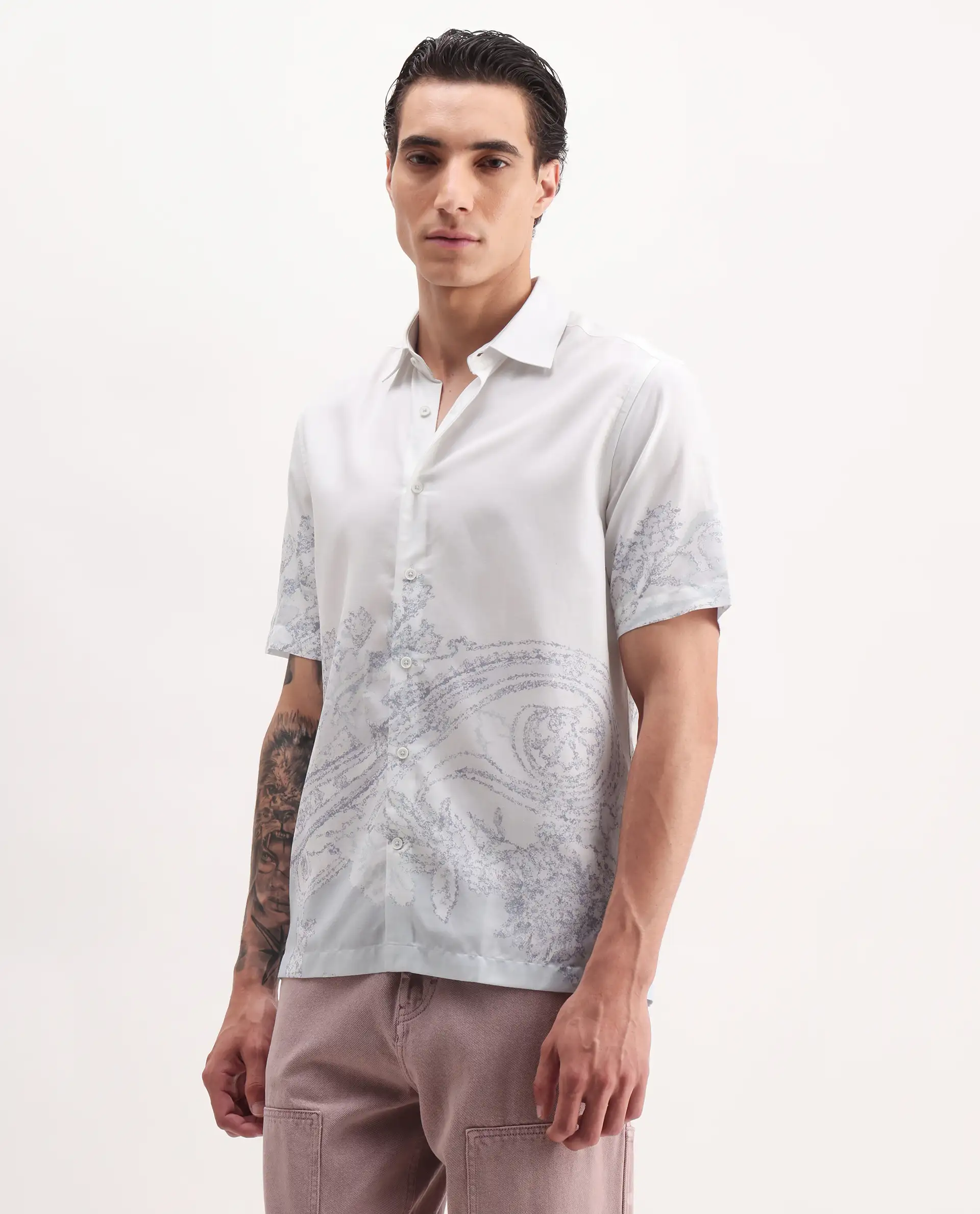 Rare Rabbit Men's Pais White Cotton Blend Paisley Print Relaxed Fit Half Sleeve Collared Shirt - Image 5