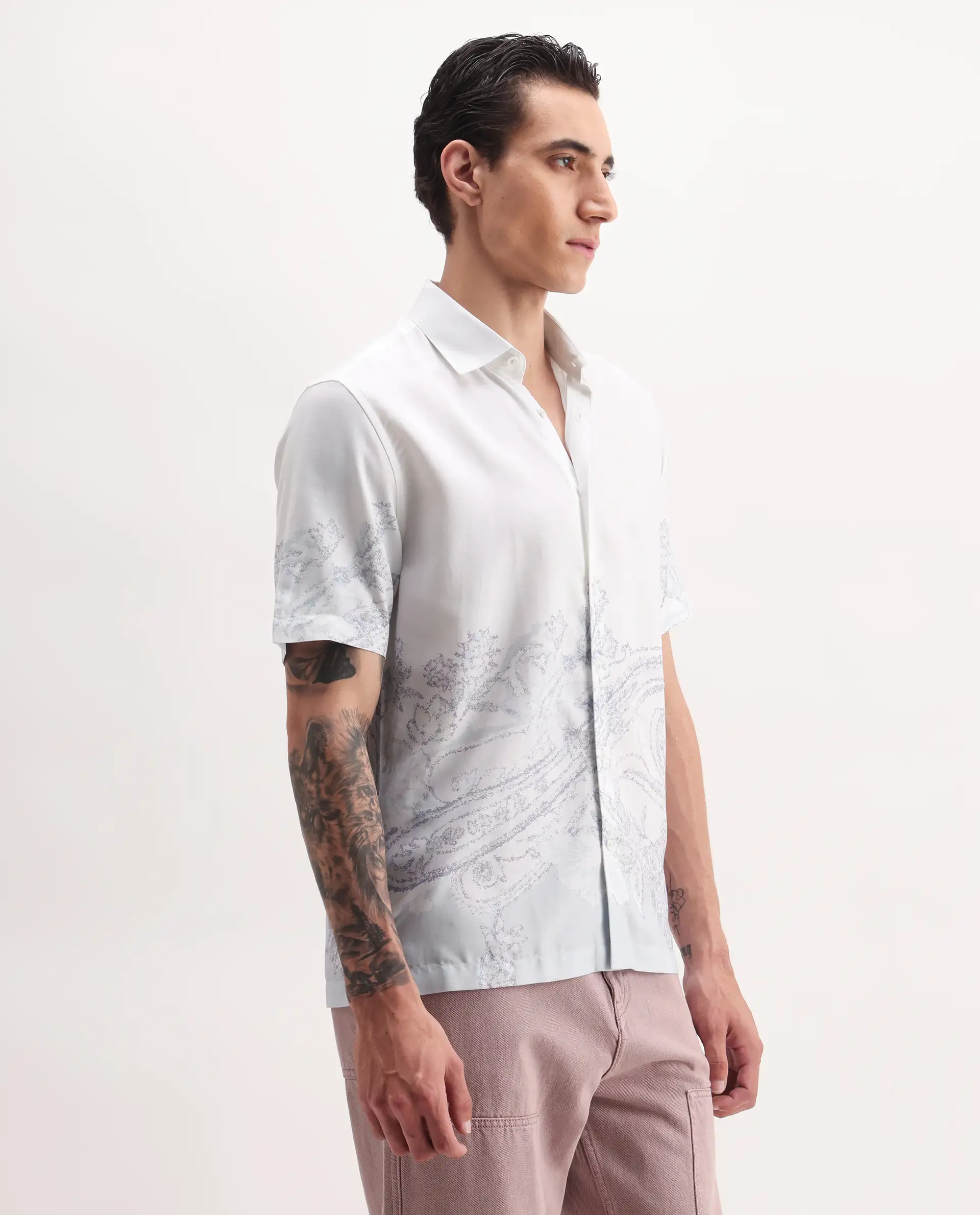 Rare Rabbit Men's Pais White Cotton Blend Paisley Print Relaxed Fit Half Sleeve Collared Shirt - Image 6