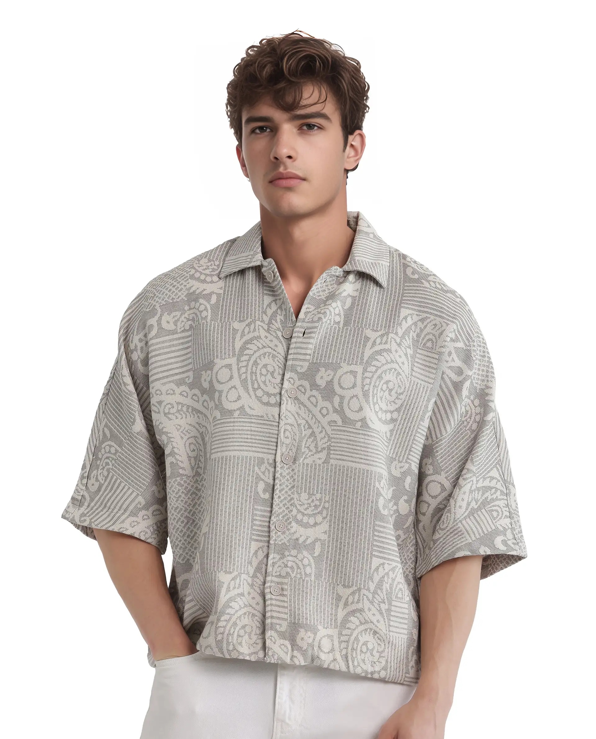 Rare Rabbit Men's Paisit Grey Cotton Jacquard Boxy Fit Half Sleeve Collared Shirt