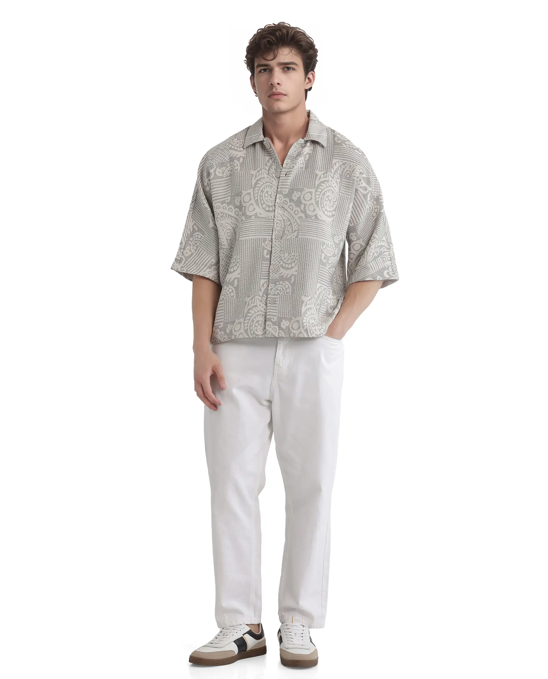Rare Rabbit Men's Paisit Grey Cotton Jacquard Boxy Fit Half Sleeve Collared Shirt - Image 2