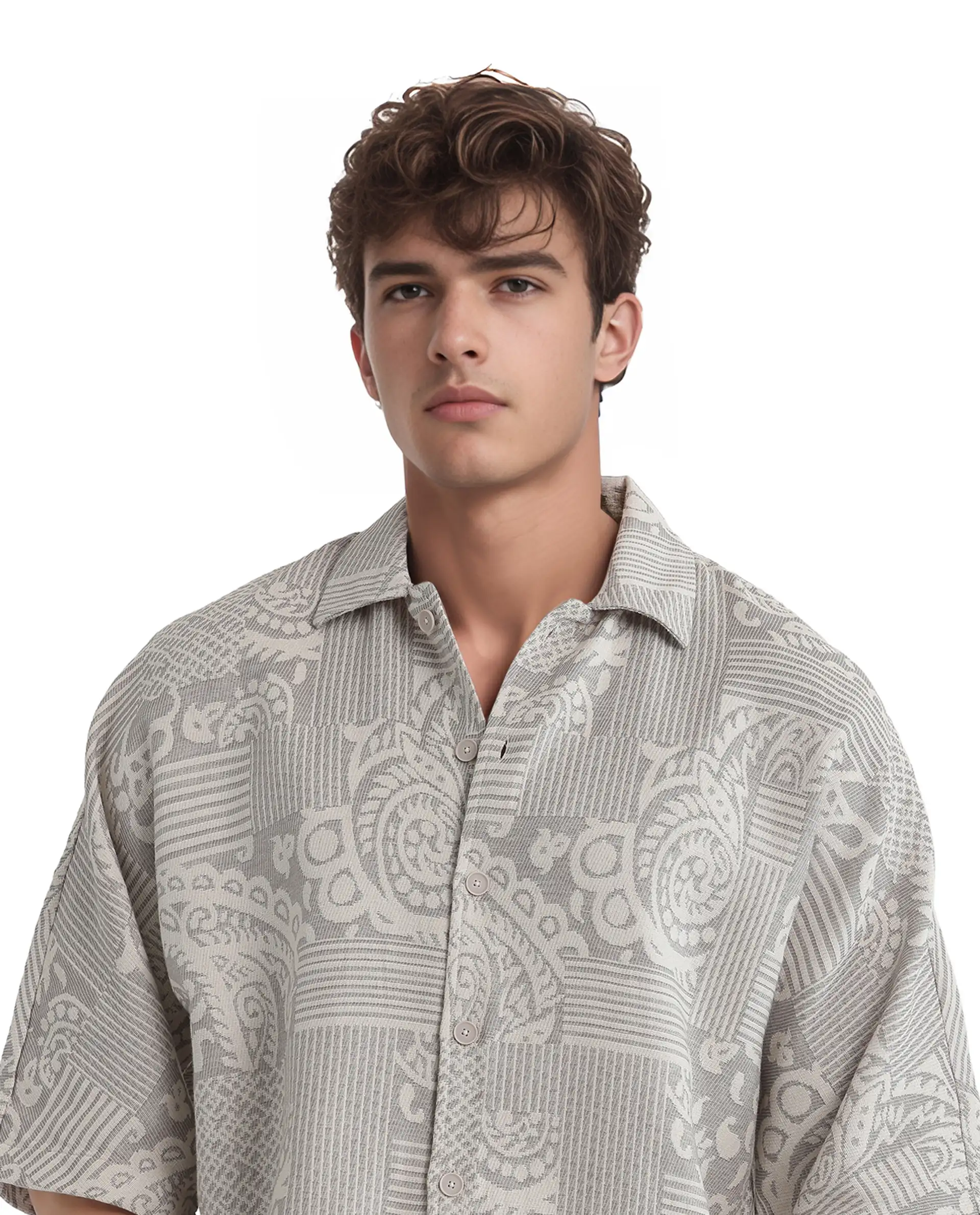 Rare Rabbit Men's Paisit Grey Cotton Jacquard Boxy Fit Half Sleeve Collared Shirt - Image 3