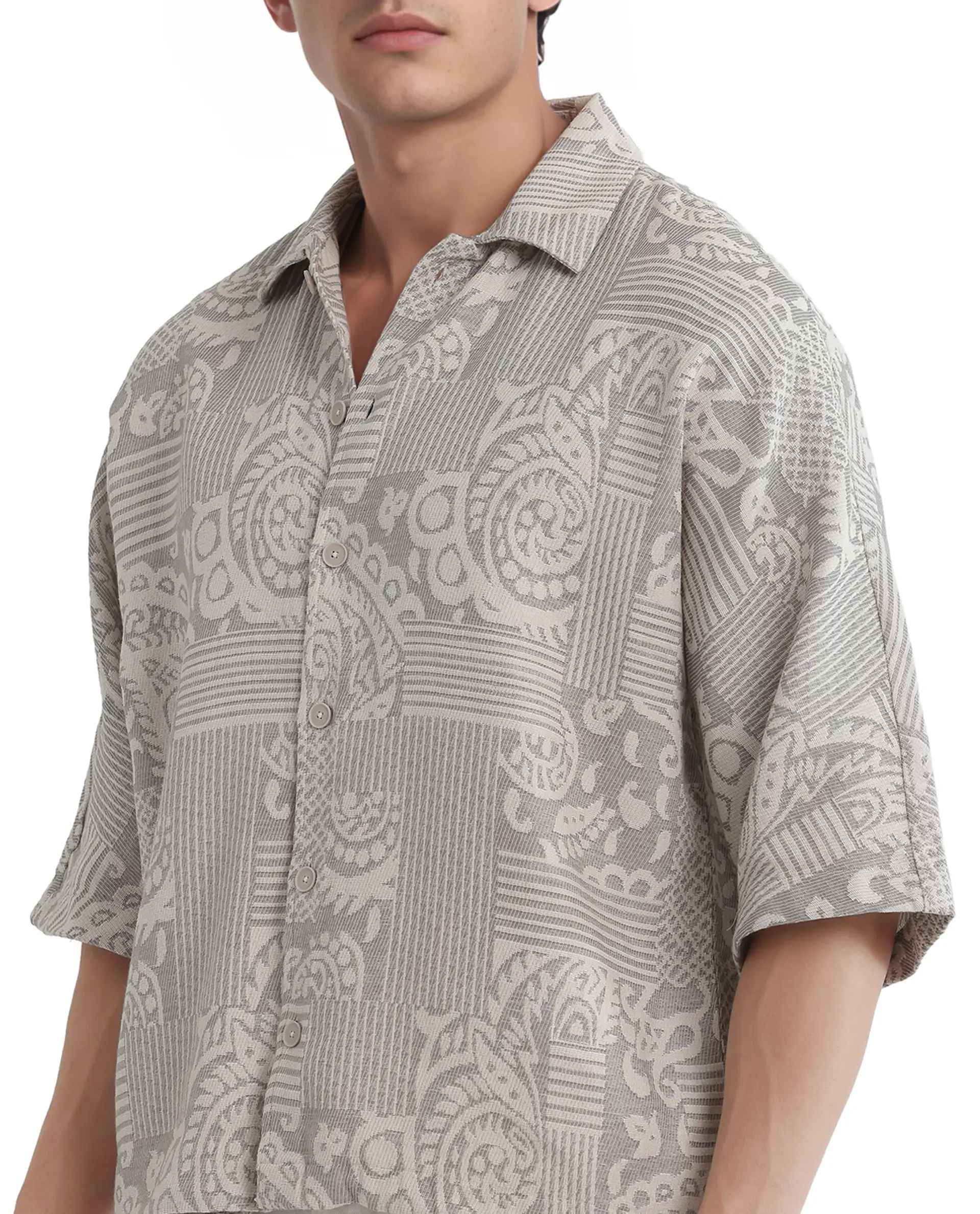Rare Rabbit Men's Paisit Grey Cotton Jacquard Boxy Fit Half Sleeve Collared Shirt - Image 4