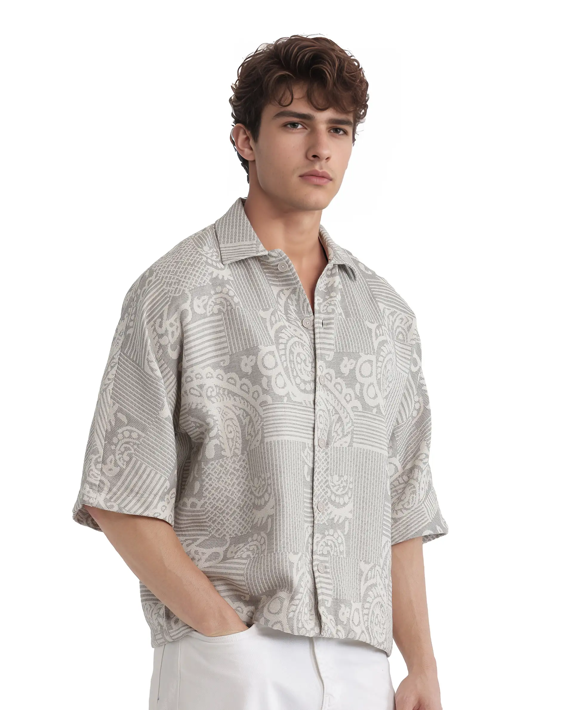 Rare Rabbit Men's Paisit Grey Cotton Jacquard Boxy Fit Half Sleeve Collared Shirt - Image 5