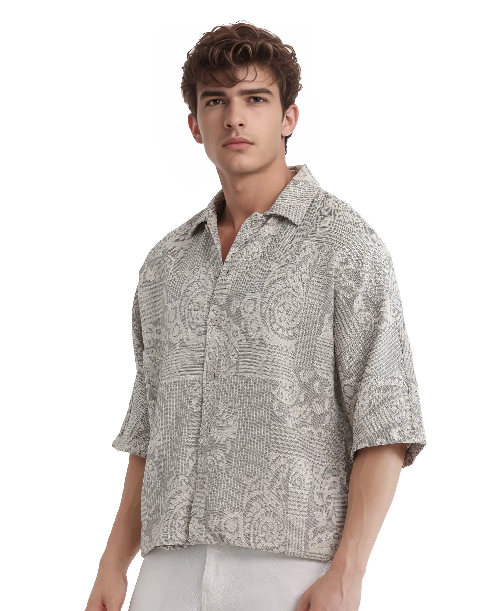 Rare Rabbit Men's Paisit Grey Cotton Jacquard Boxy Fit Half Sleeve Collared Shirt - Image 6