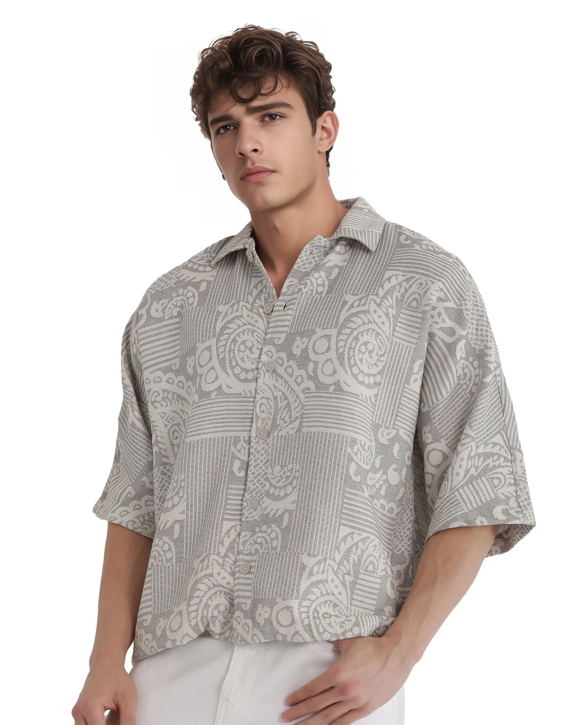 Rare Rabbit Men's Paisit Grey Cotton Jacquard Boxy Fit Half Sleeve Collared Shirt - Image 7