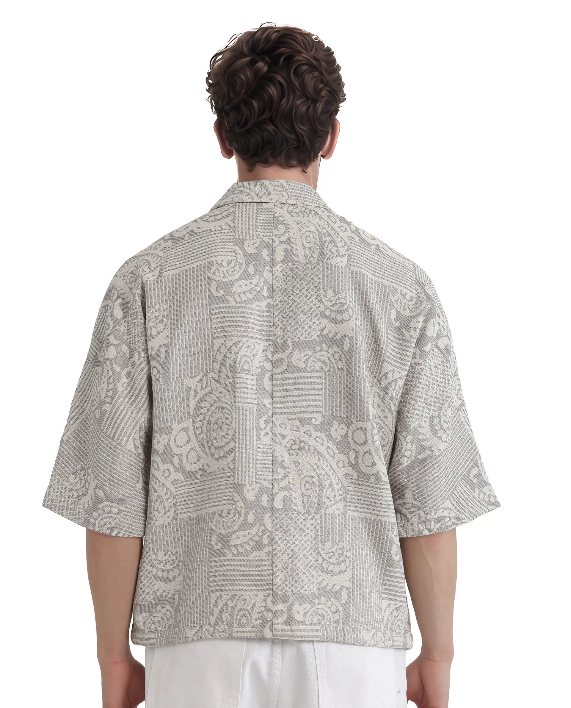 Rare Rabbit Men's Paisit Grey Cotton Jacquard Boxy Fit Half Sleeve Collared Shirt - Image 8
