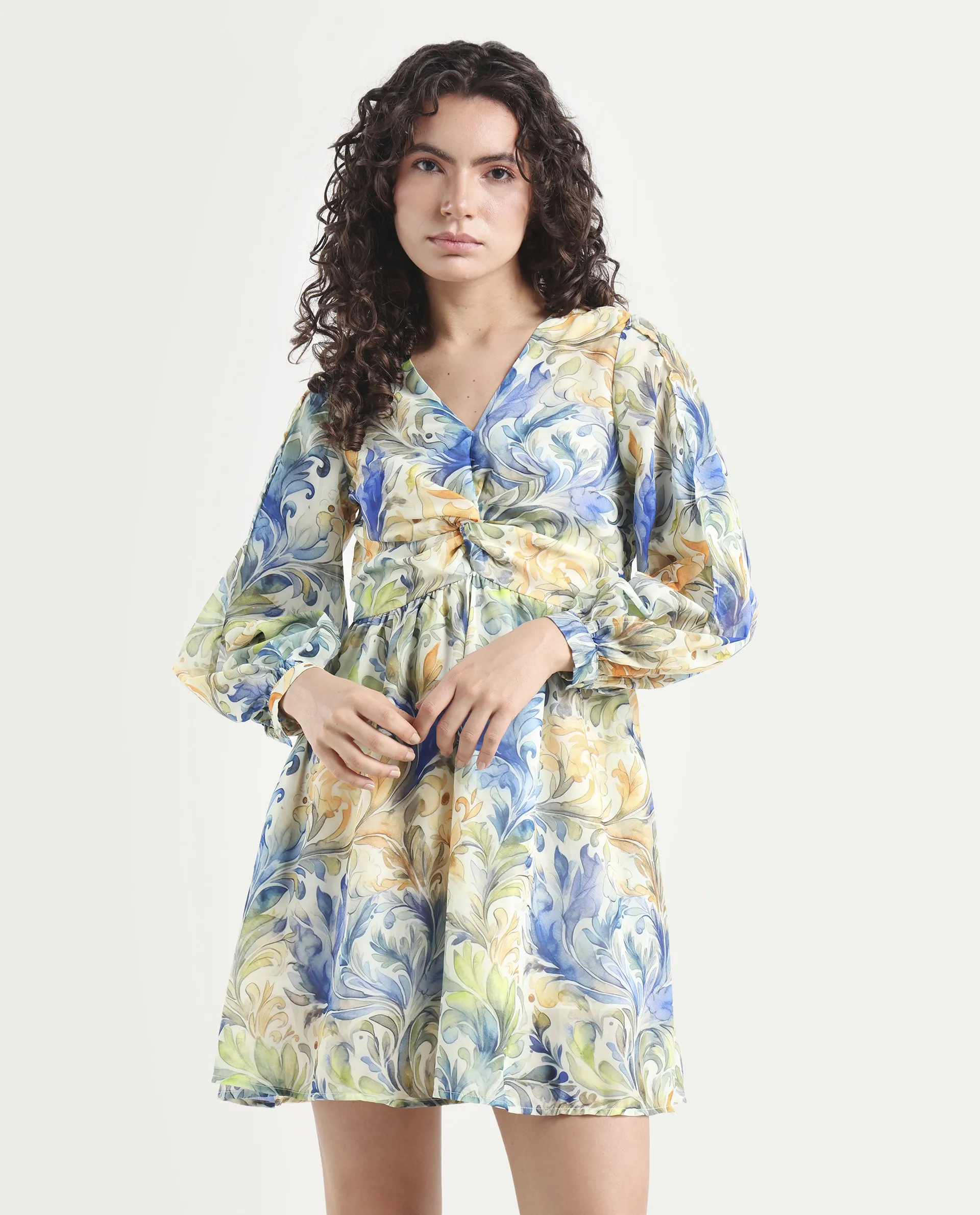 Rareism Women's Paistley Pastel Pink Polyester V-Neck Abstract Print Bishop Sleeve Mini Fit And Flare Dress - Image 2